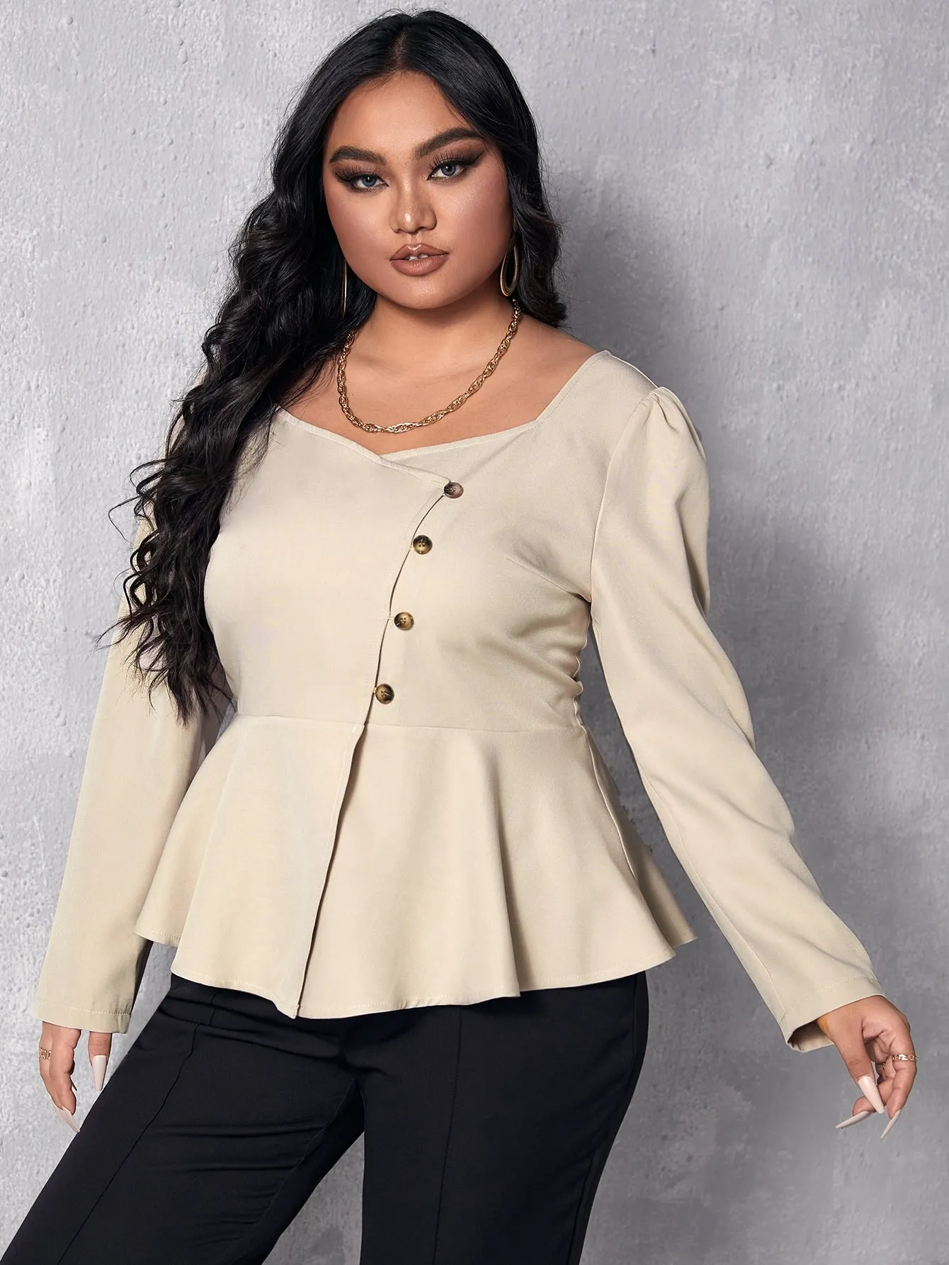 Plain Ruffle Hem Long Sleeve Sweetheart Flared Regular Plus Size Blouse
