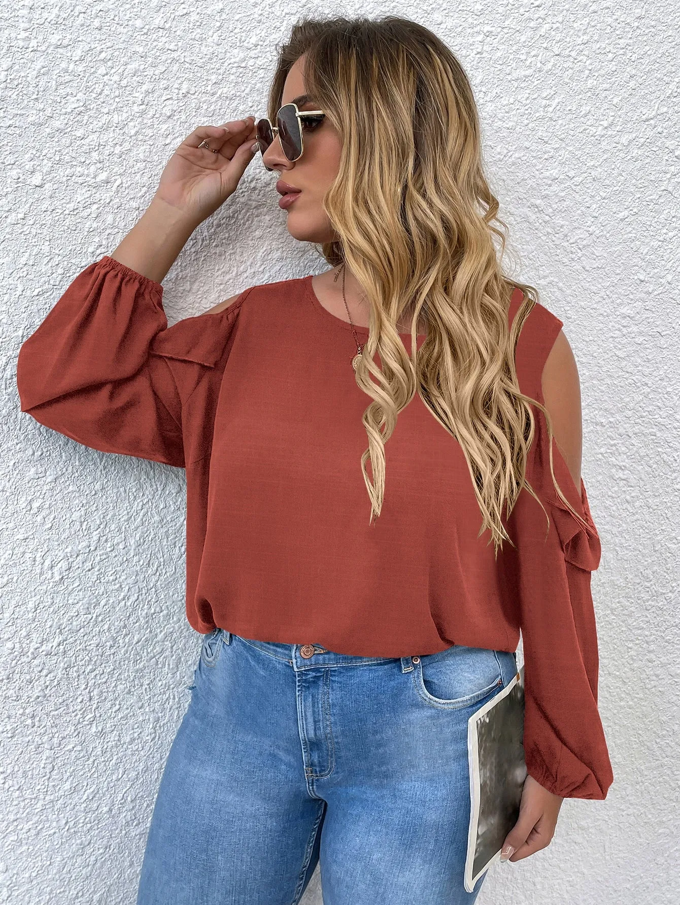 Plain Ruffle Long Sleeve Cold Shoulder Regular Plus Size Blouse