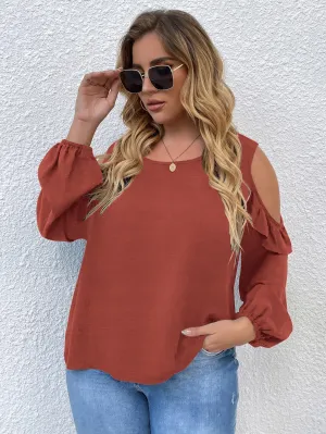 Plain Ruffle Long Sleeve Cold Shoulder Regular Plus Size Blouse