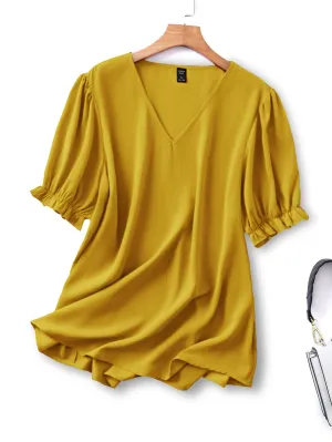 Plain Ruffle Short Sleeve V Neck Long Plus Size Blouse