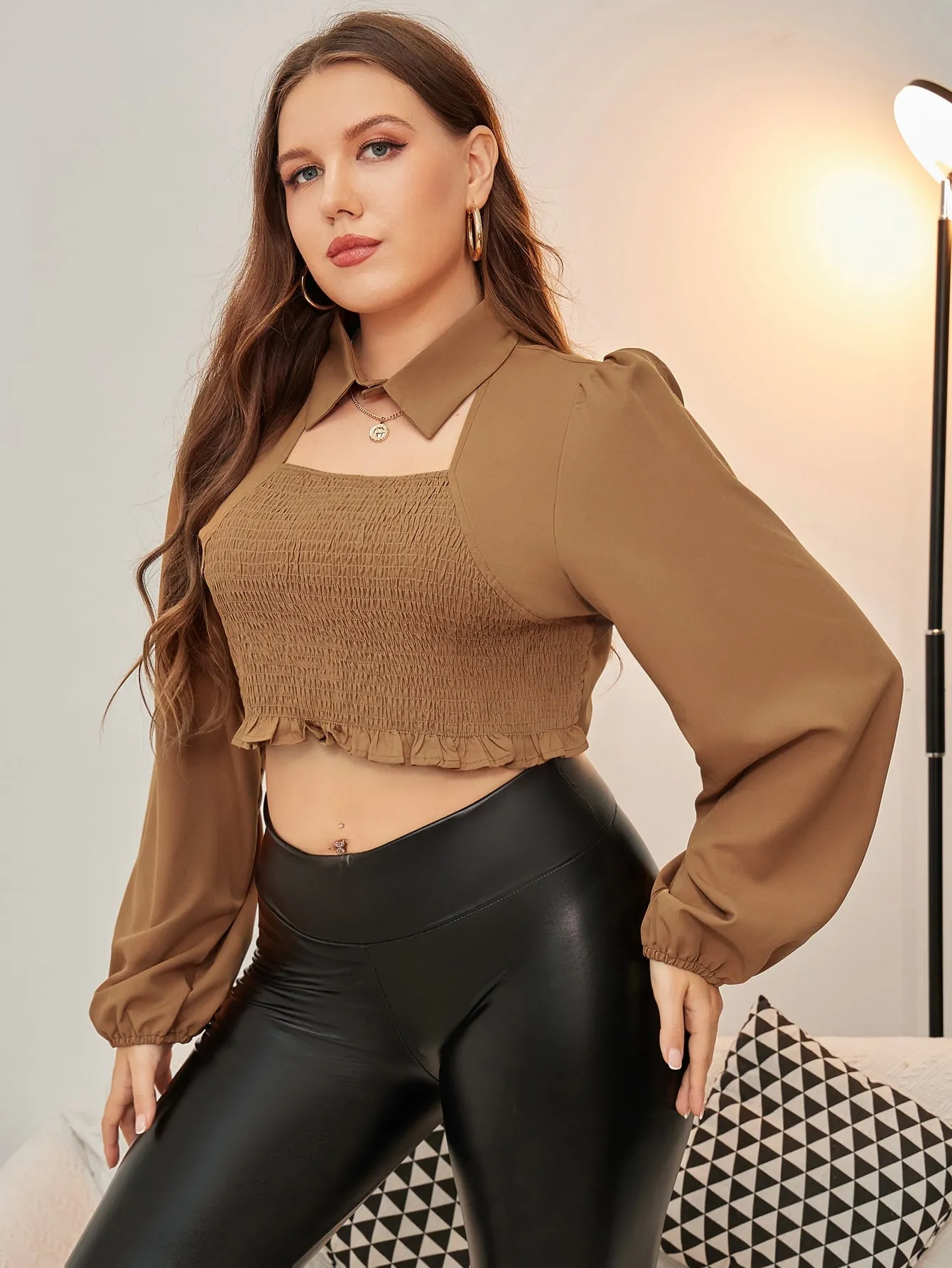 Plain Shirred Long Sleeve Collar Crop Plus Size Blouse