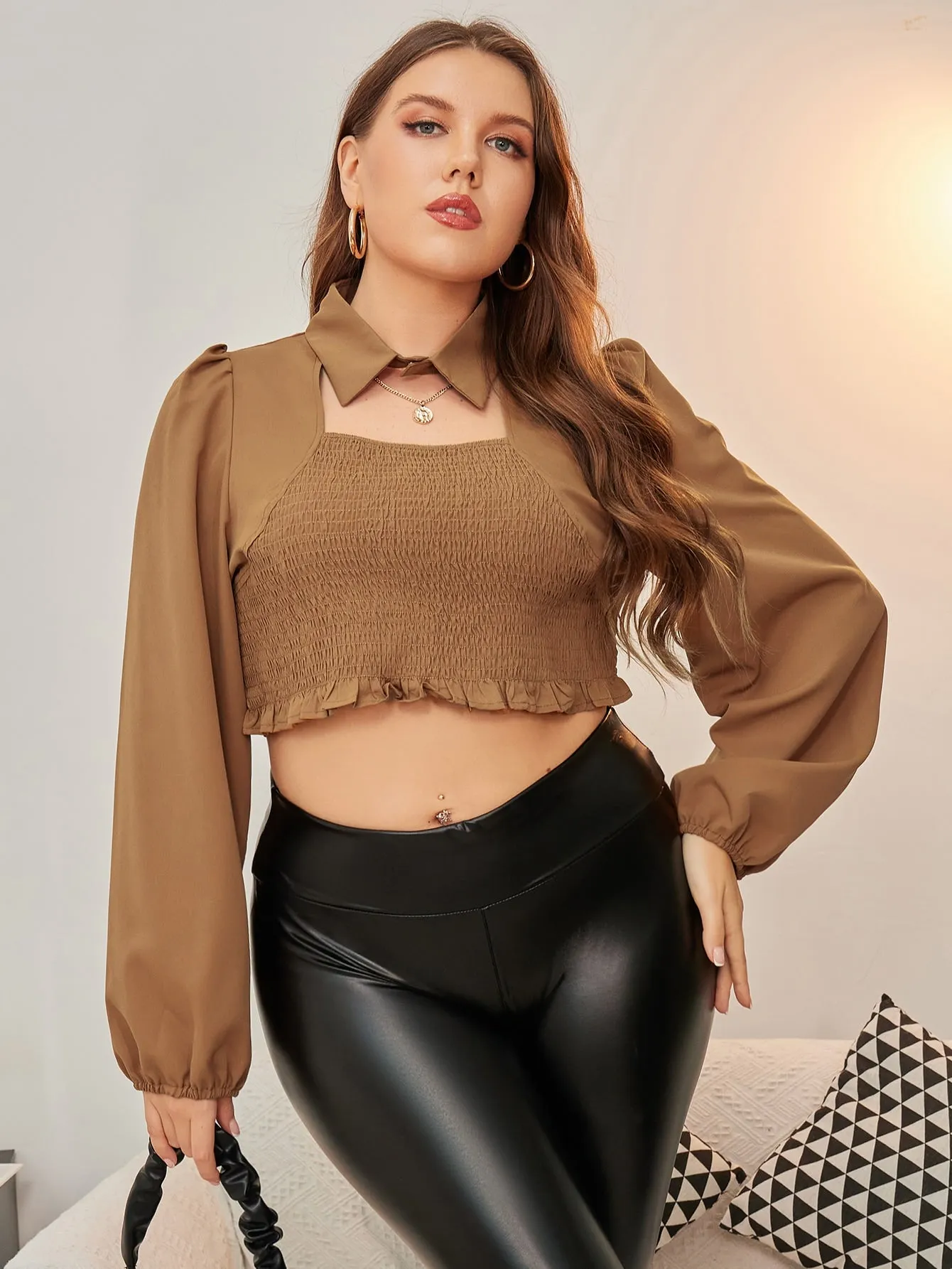 Plain Shirred Long Sleeve Collar Crop Plus Size Blouse