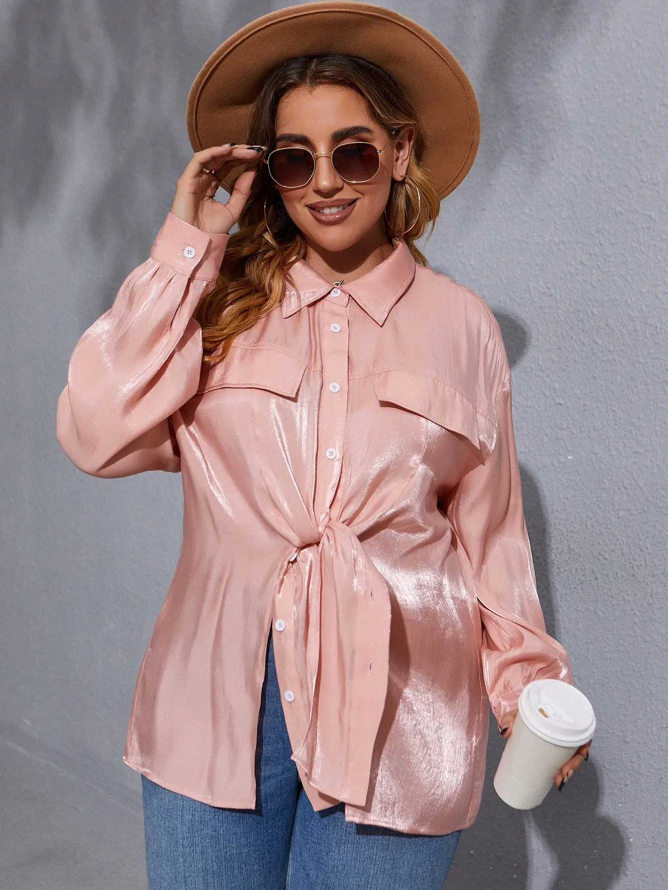 Plain Split Long Sleeve Collar Long Plus Size Blouse