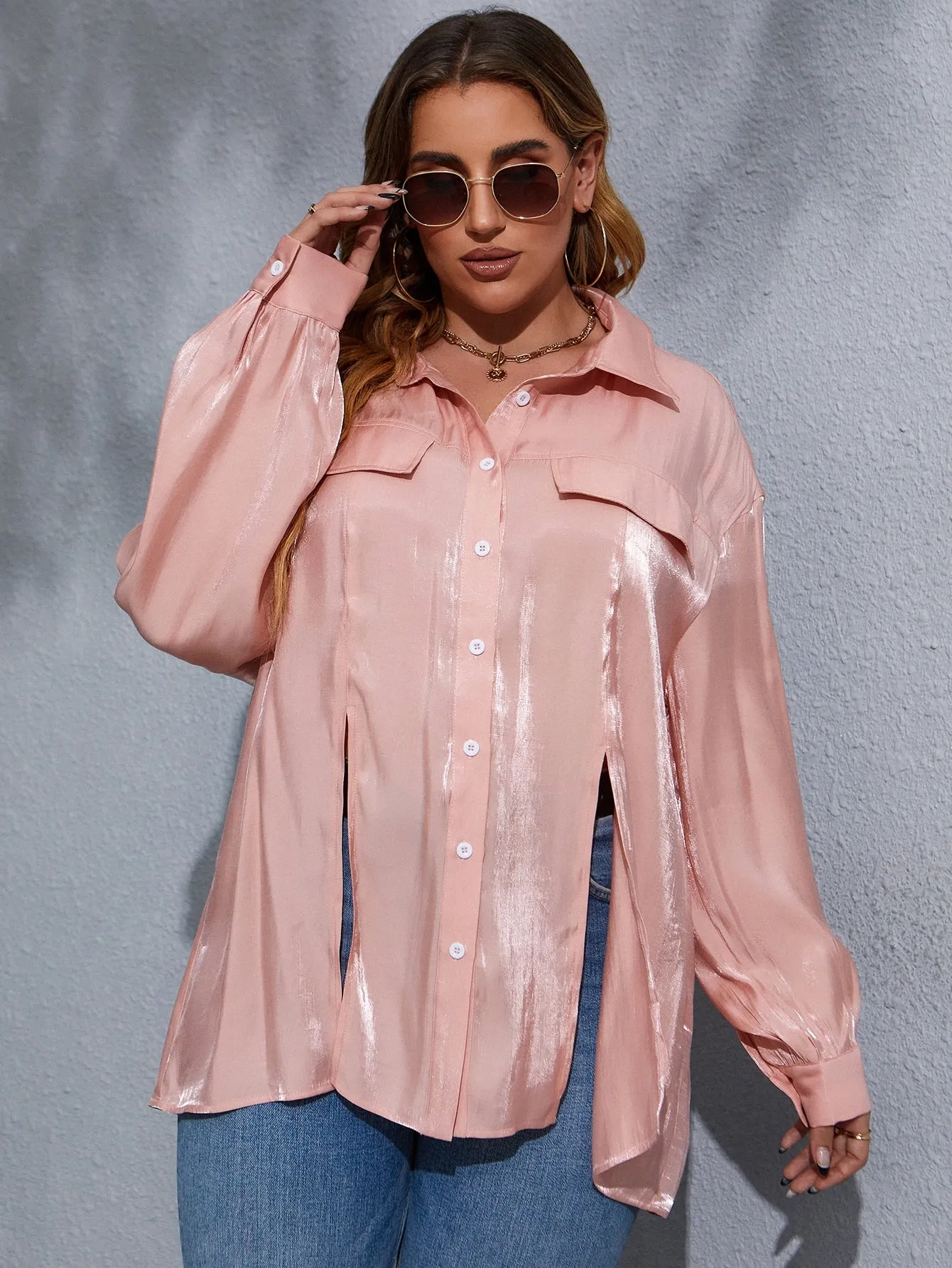 Plain Split Long Sleeve Collar Long Plus Size Blouse