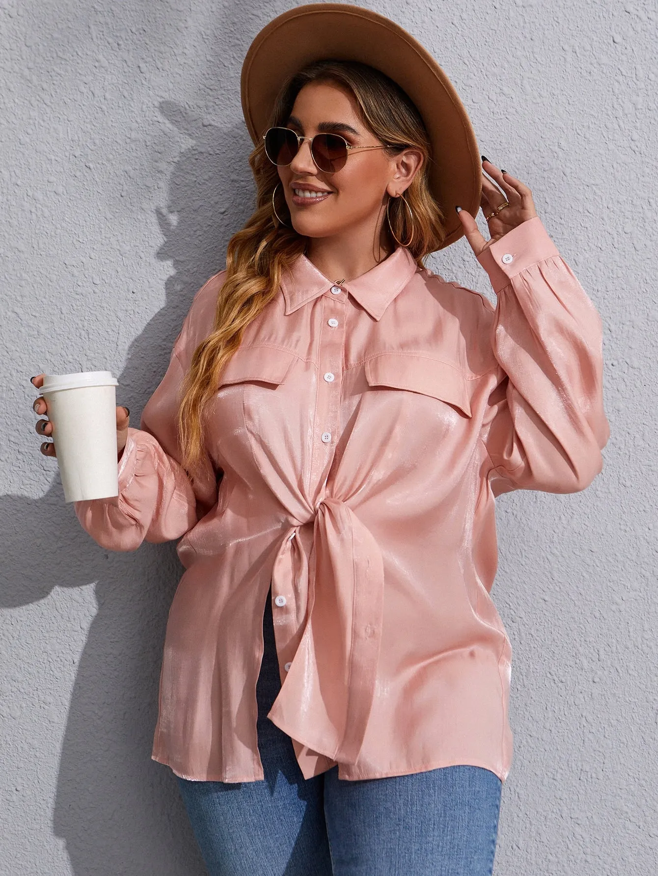 Plain Split Long Sleeve Collar Long Plus Size Blouse