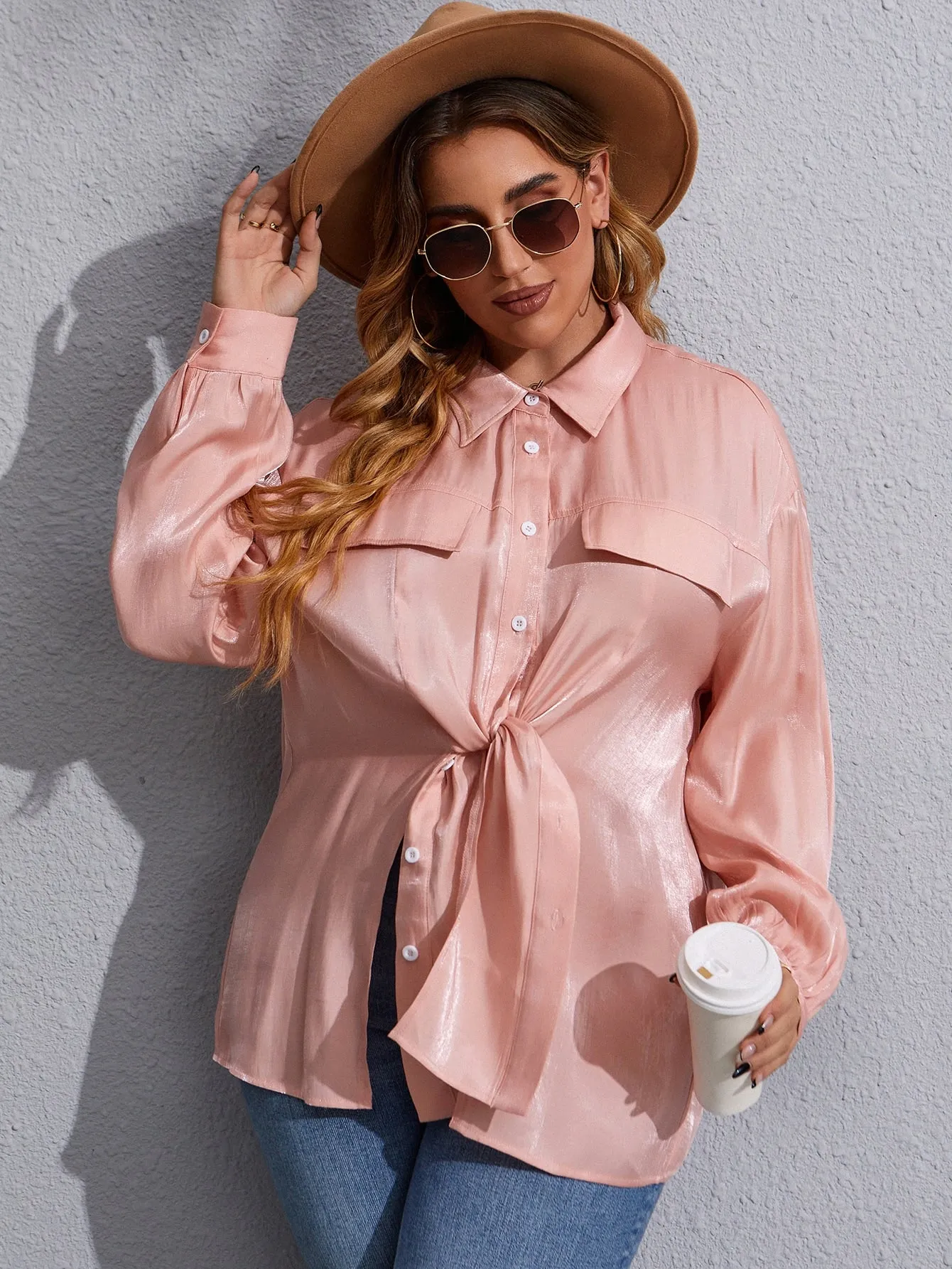 Plain Split Long Sleeve Collar Long Plus Size Blouse