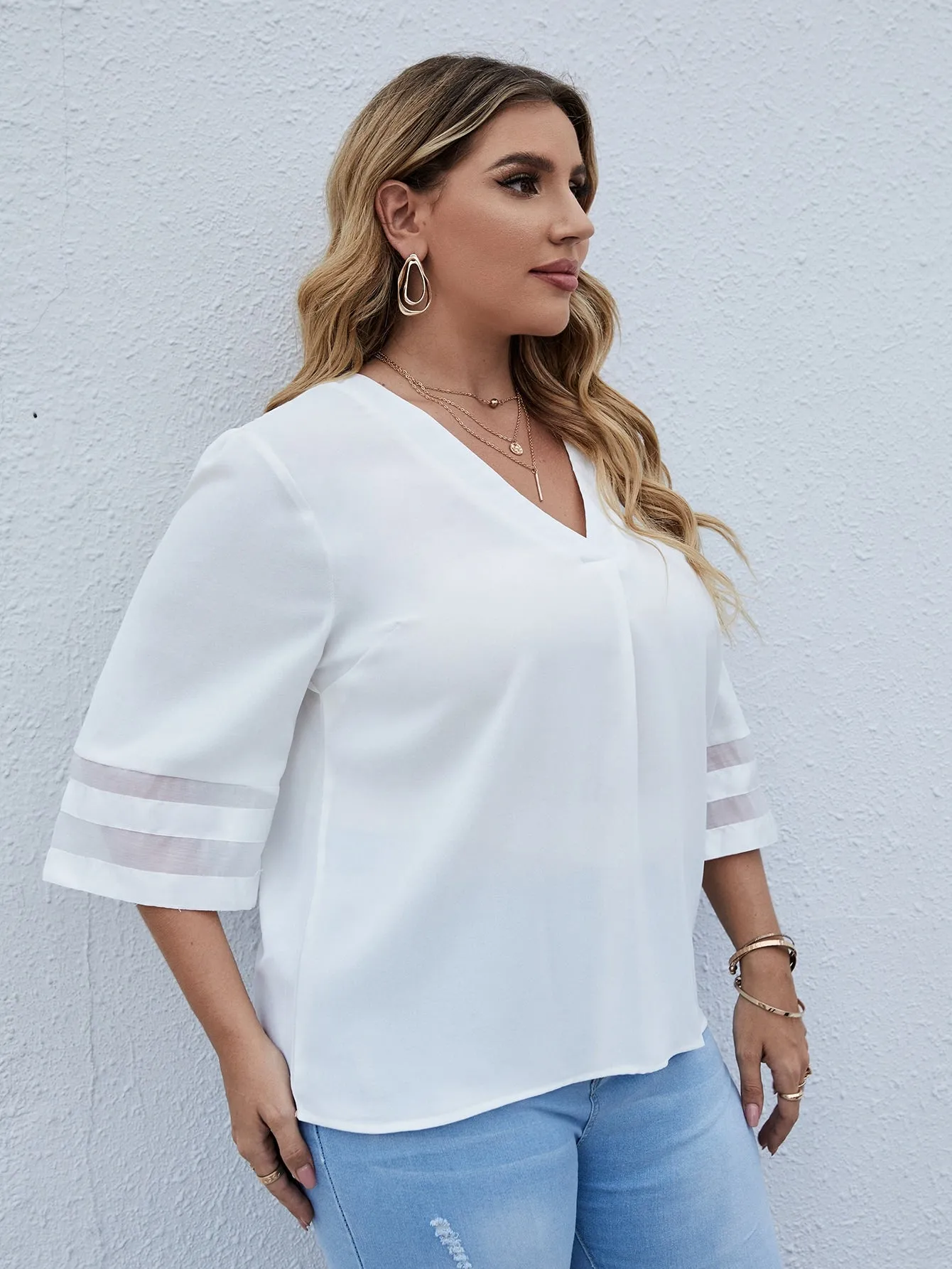 Plain Three Quarter Length Sleeve V Neck Regular Plus Blouse