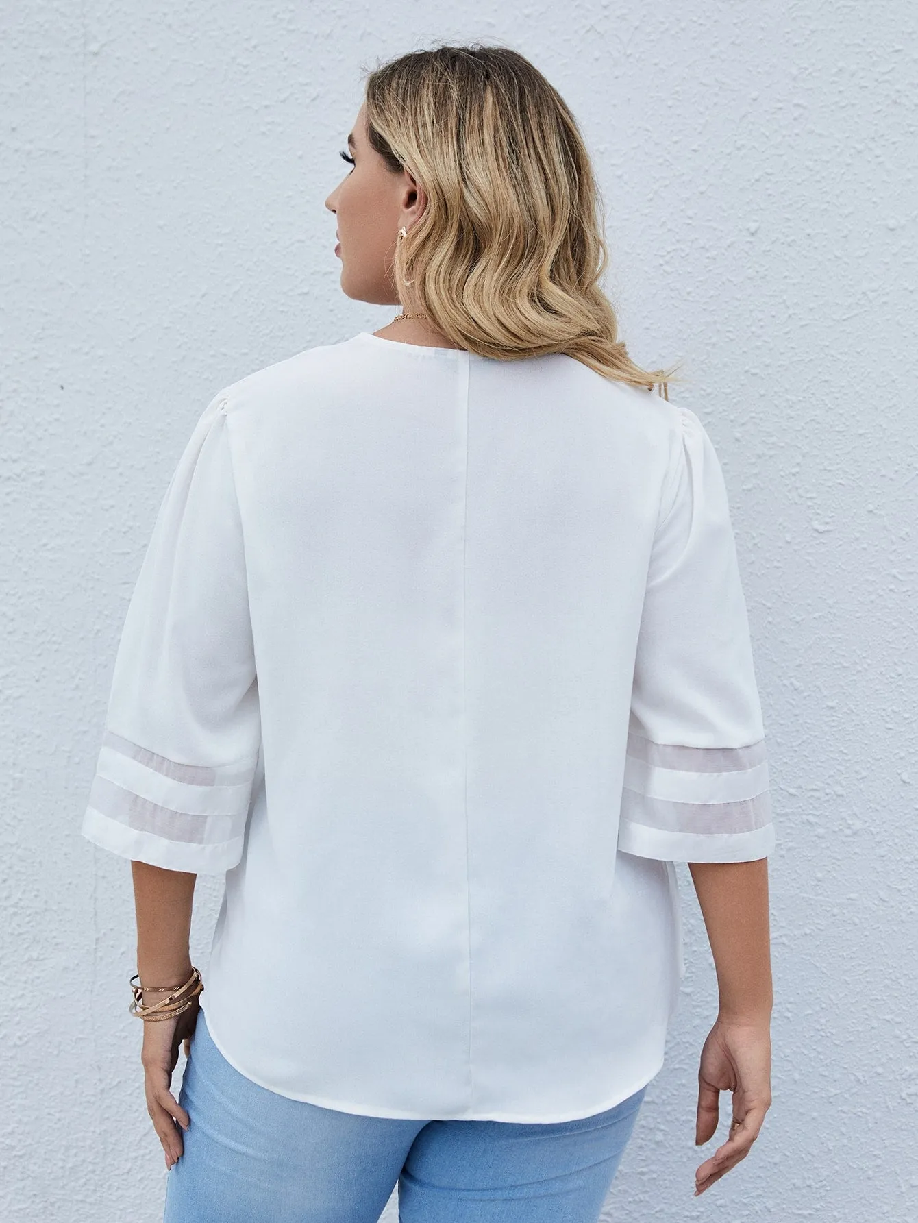 Plain Three Quarter Length Sleeve V Neck Regular Plus Blouse