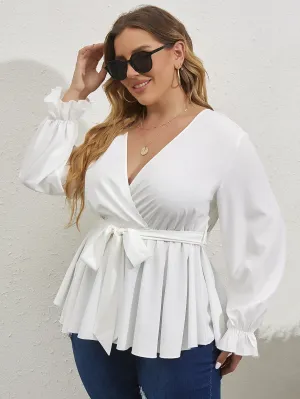Plain Wrap Long Sleeve Deep V Neck Semi-Sheer Flared Regular Plus Size Blouse