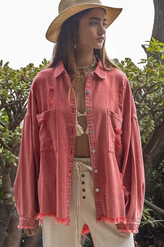 POL Fringe Distressed Oversized Jacket