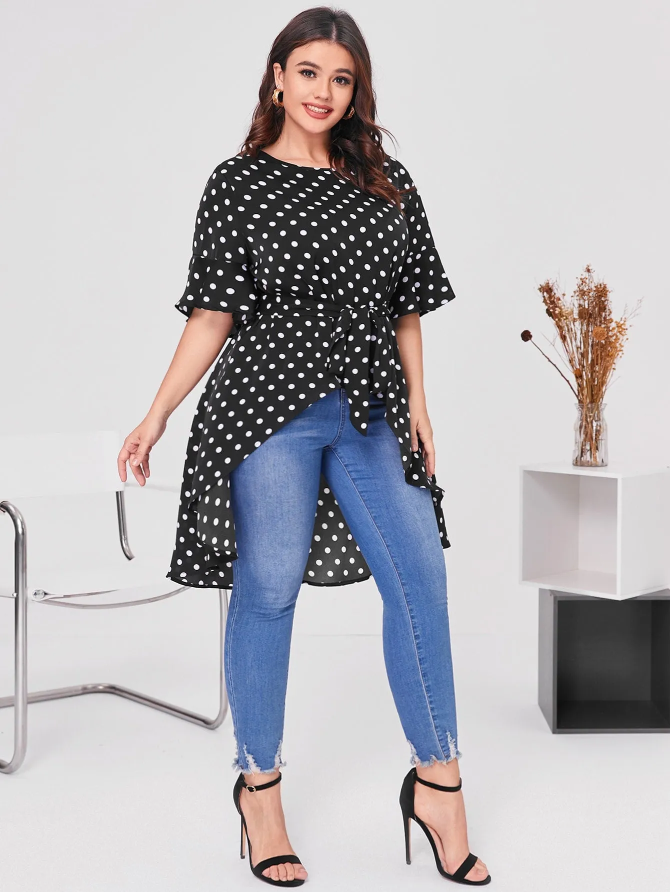 Polka Dot Ruffle Half Sleeve Round Neck Asymmetrical Long Plus Size Blouse
