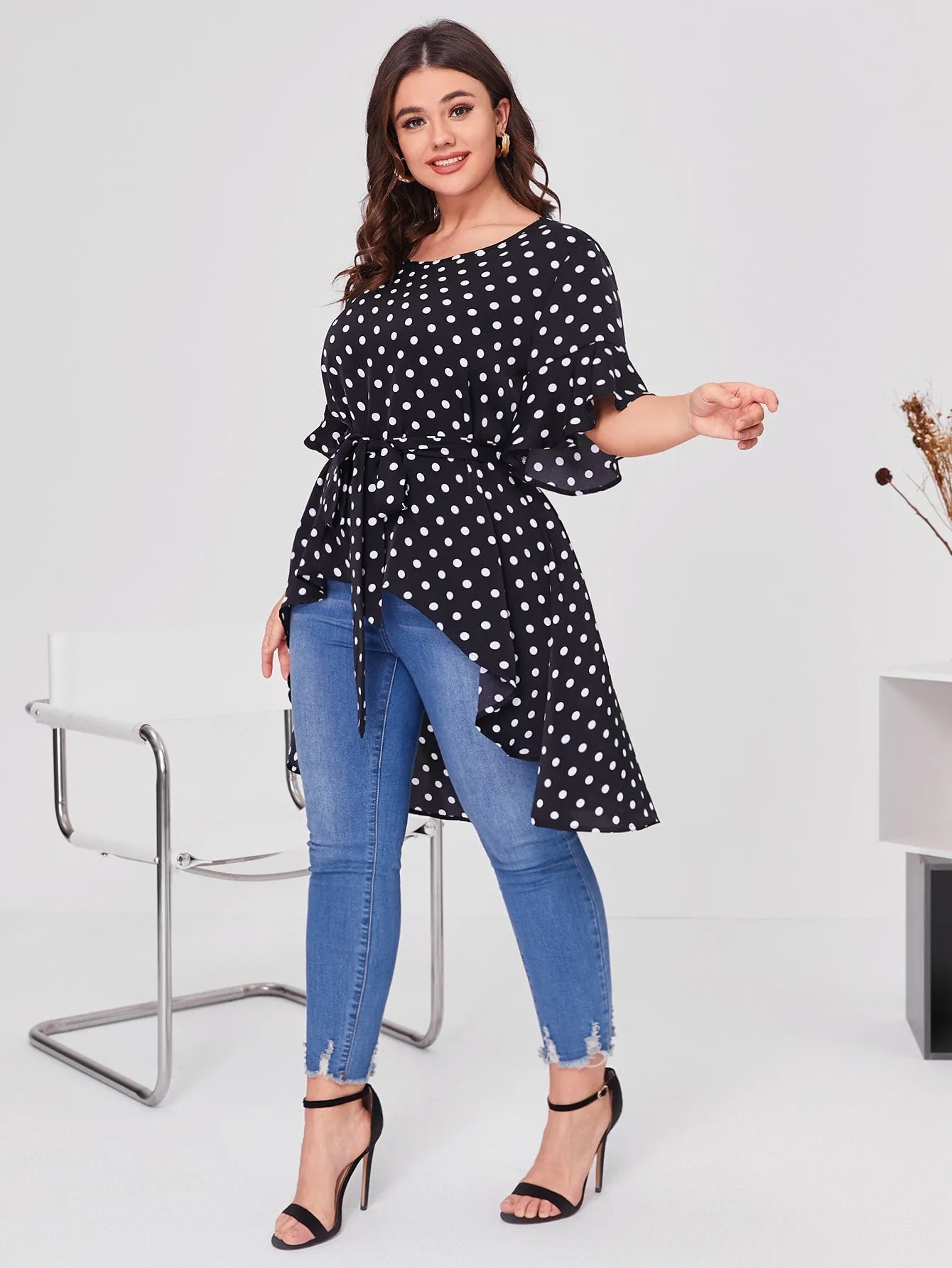 Polka Dot Ruffle Half Sleeve Round Neck Asymmetrical Long Plus Size Blouse