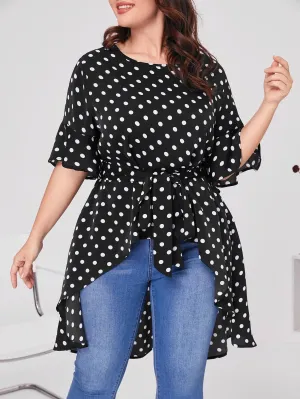 Polka Dot Ruffle Half Sleeve Round Neck Asymmetrical Long Plus Size Blouse