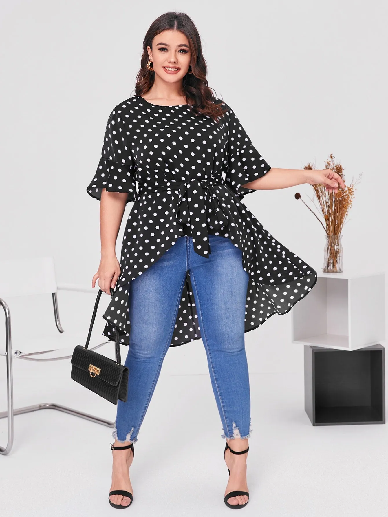 Polka Dot Ruffle Half Sleeve Round Neck Asymmetrical Long Plus Size Blouse