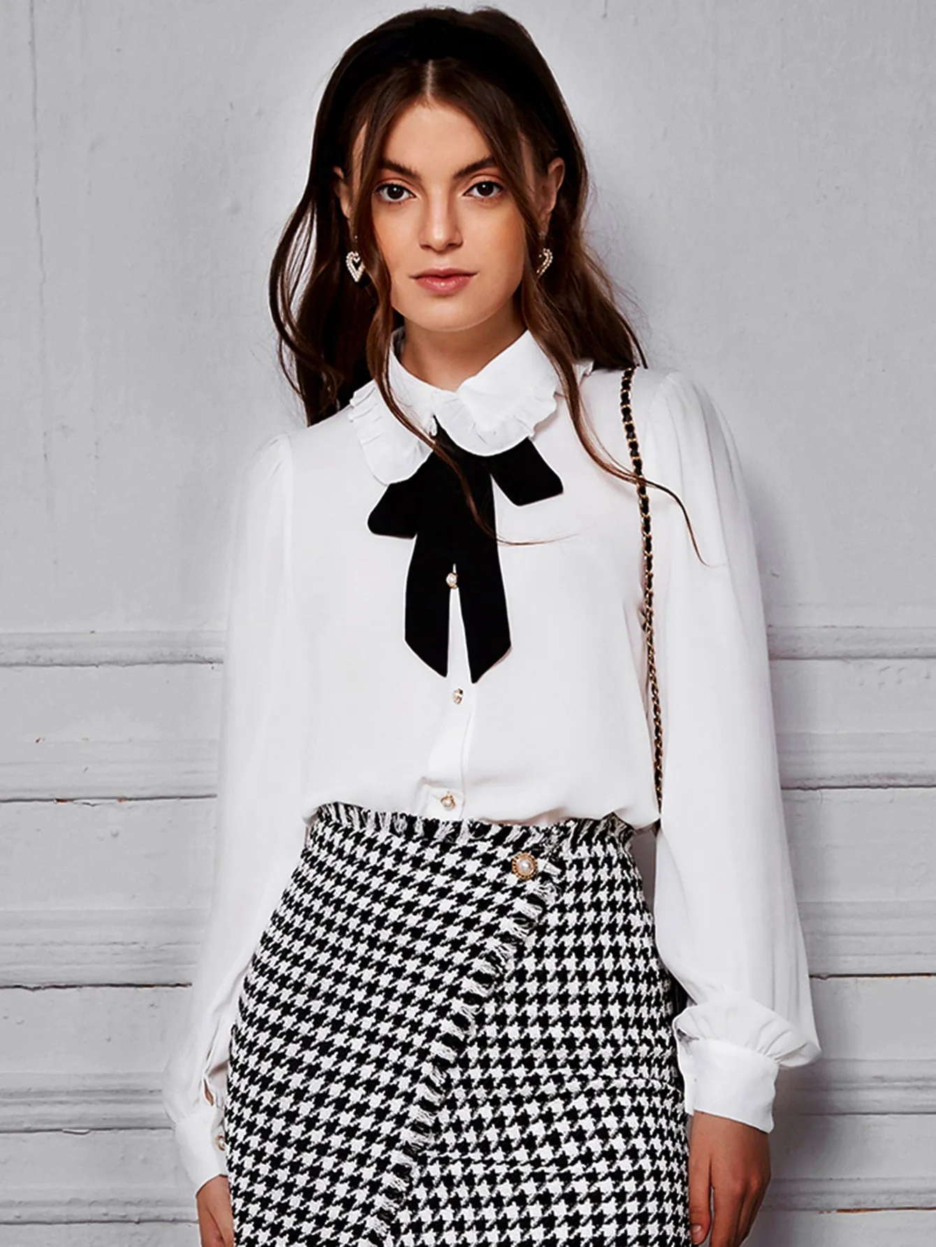 Preppy Colorblock Button Front Long Sleeve Tie Neck Regular Blouse