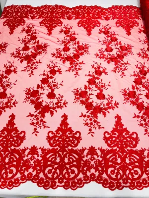 Red Bridal Lace - By The Yard - Floral Damask Design Embroidered on Mesh Lace Fabric