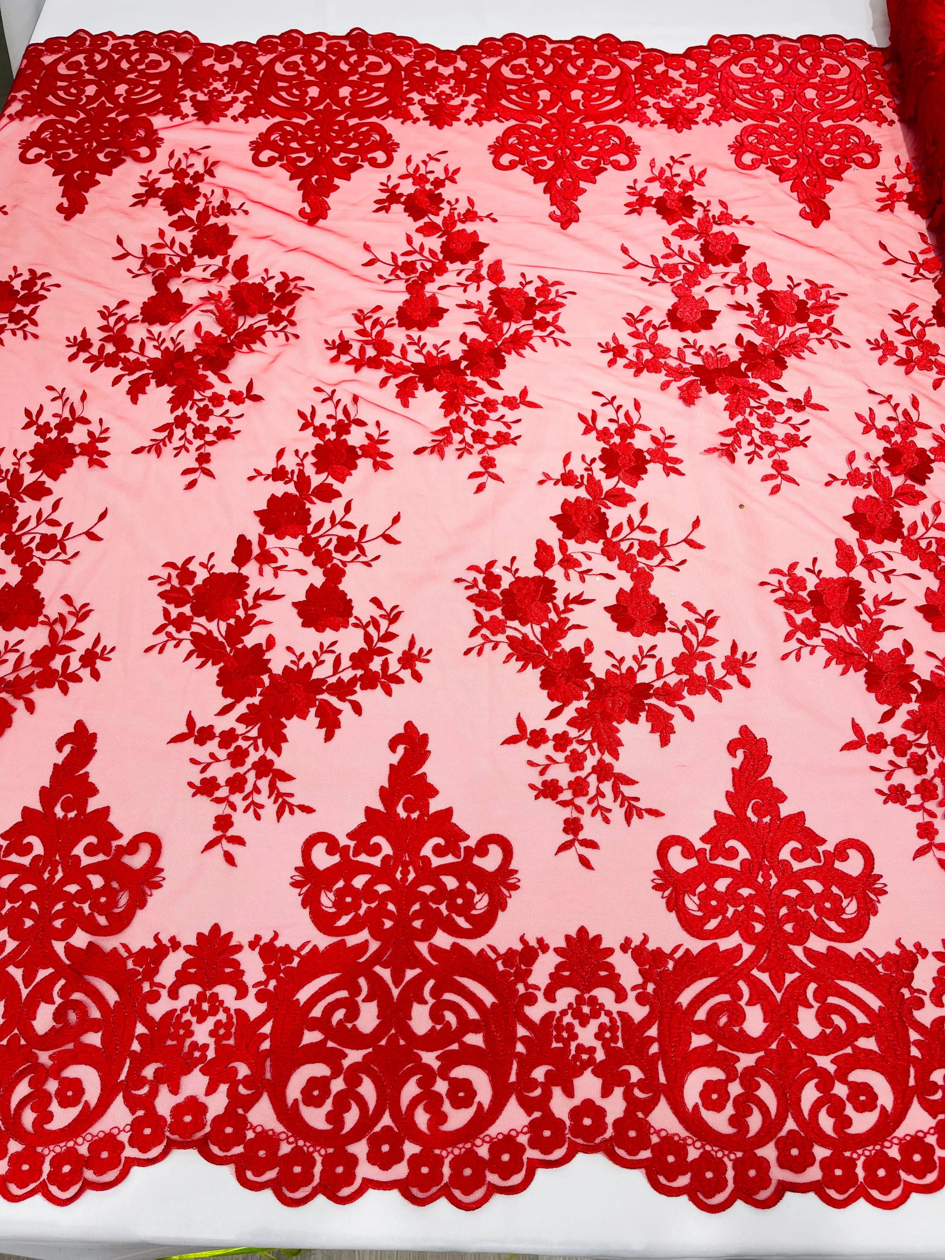 Red Bridal Lace - By The Yard - Floral Damask Design Embroidered on Mesh Lace Fabric