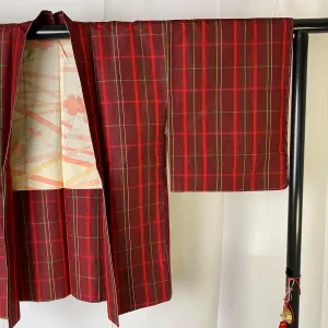 Red Checkered Haori, Japanse Kimono, Wool,  Women's Jacket, Cardigan, Casual Layer, Versatile top, Housewear, Stylish, Kimono-F