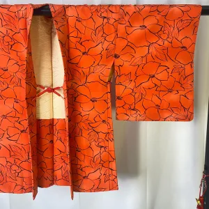 Red Vintage Kimono Haori, Kimono, Sumi-e, Flower, Anemone, Excellent, Cardigan, Women's Jacket, Silk Long outer,  Casual Layer, Versatile-M