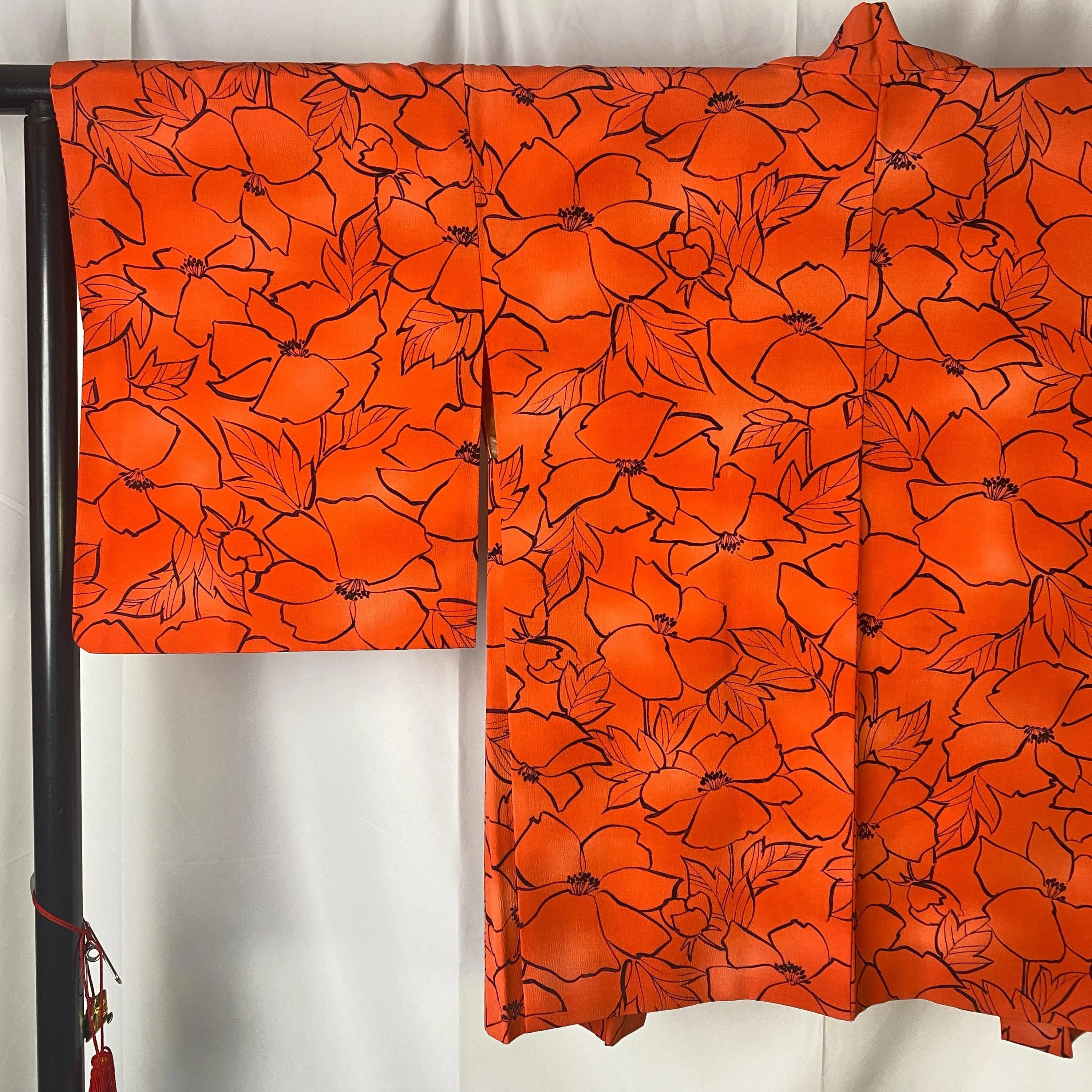 Red Vintage Kimono Haori, Kimono, Sumi-e, Flower, Anemone, Excellent, Cardigan, Women's Jacket, Silk Long outer,  Casual Layer, Versatile-M