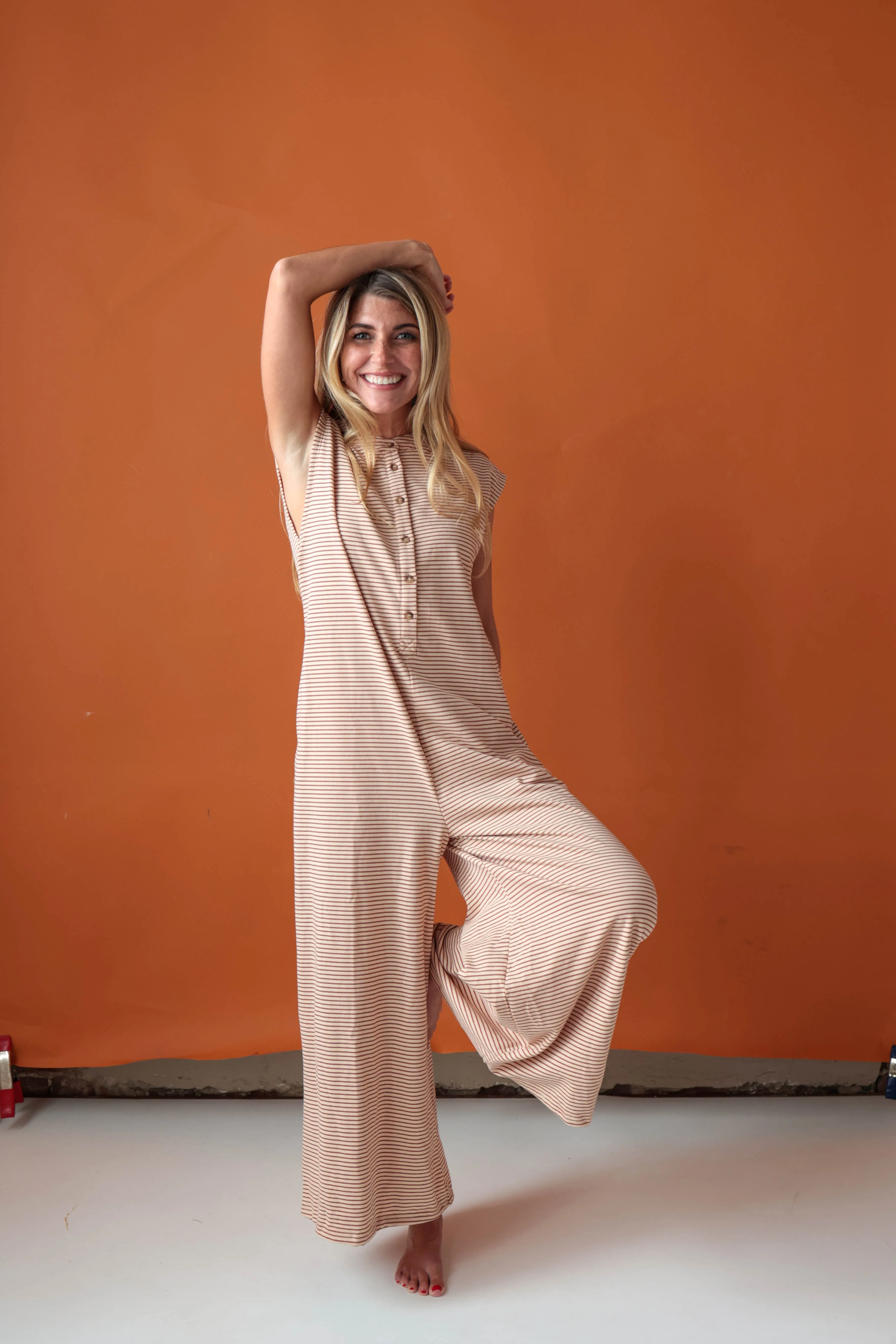 Rust & White Wide Leg Stripe Jumpsuit
