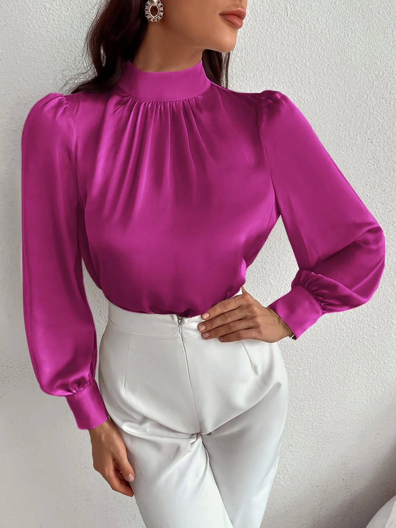 Satin Mock Neck Puff Sleeve Blouse