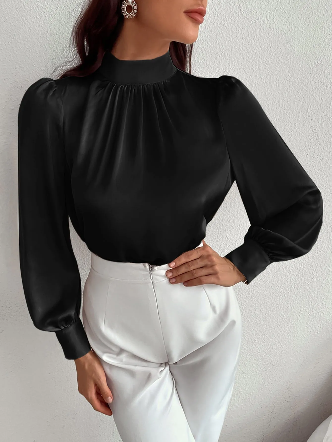 Satin Mock Neck Puff Sleeve Blouse