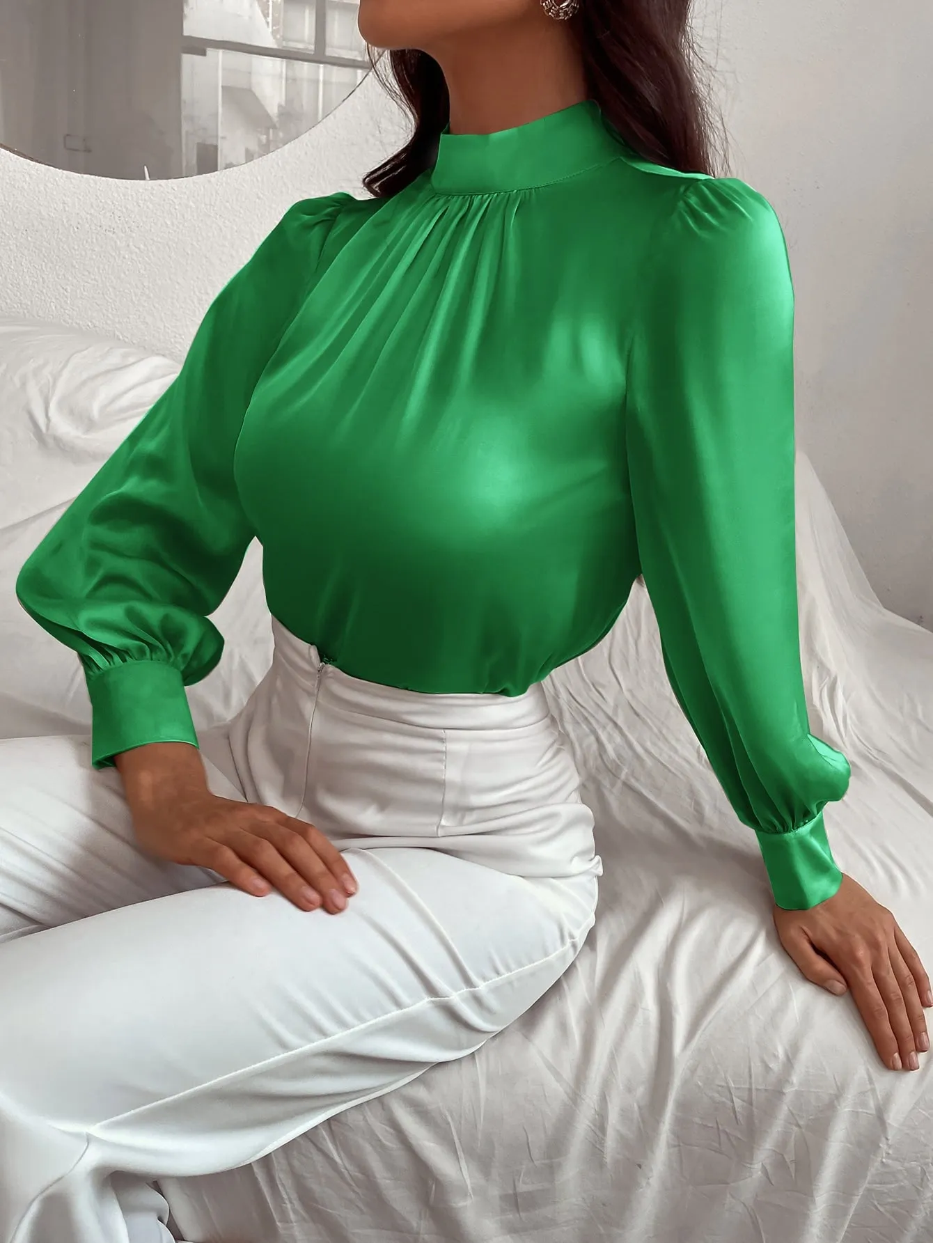 Satin Mock Neck Puff Sleeve Blouse