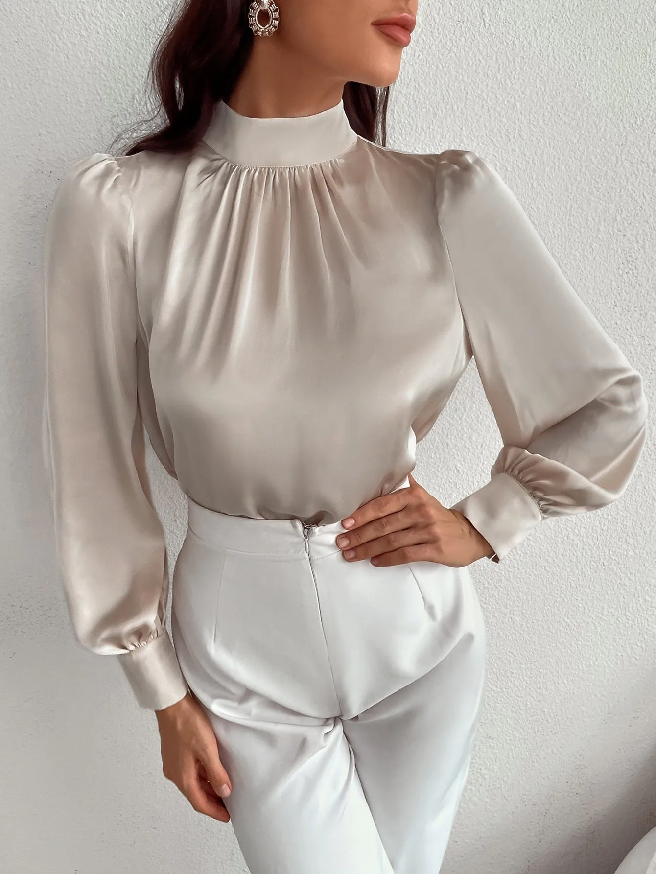 Satin Mock Neck Puff Sleeve Blouse