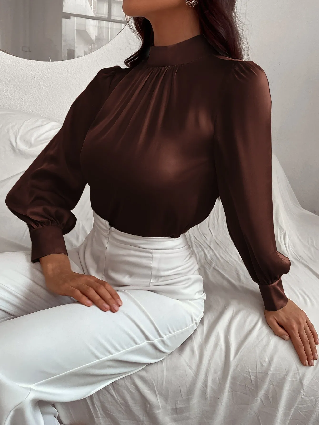 Satin Mock Neck Puff Sleeve Blouse