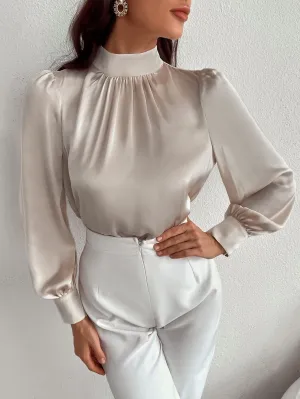 Satin Mock Neck Puff Sleeve Blouse