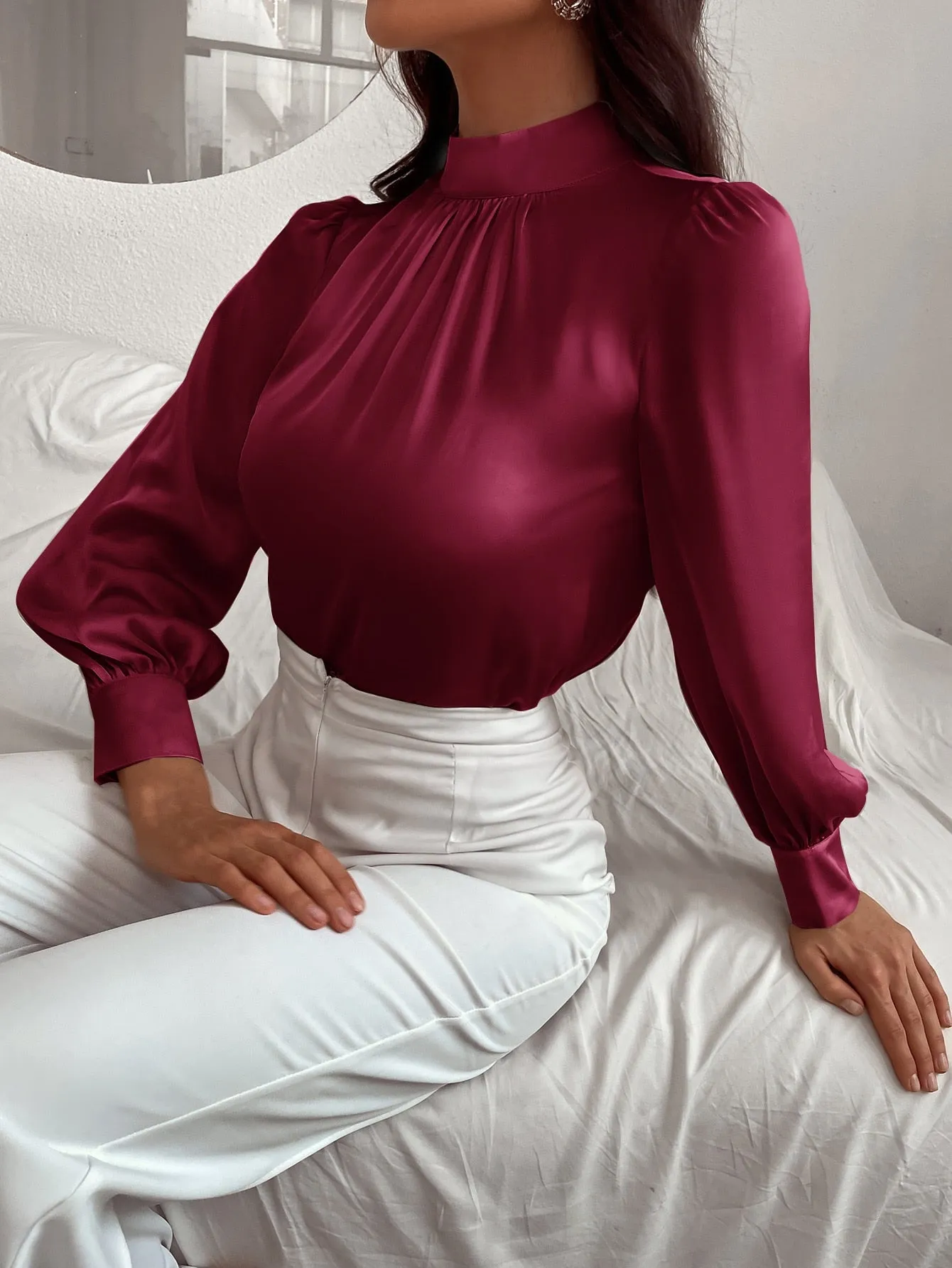 Satin Mock Neck Puff Sleeve Blouse