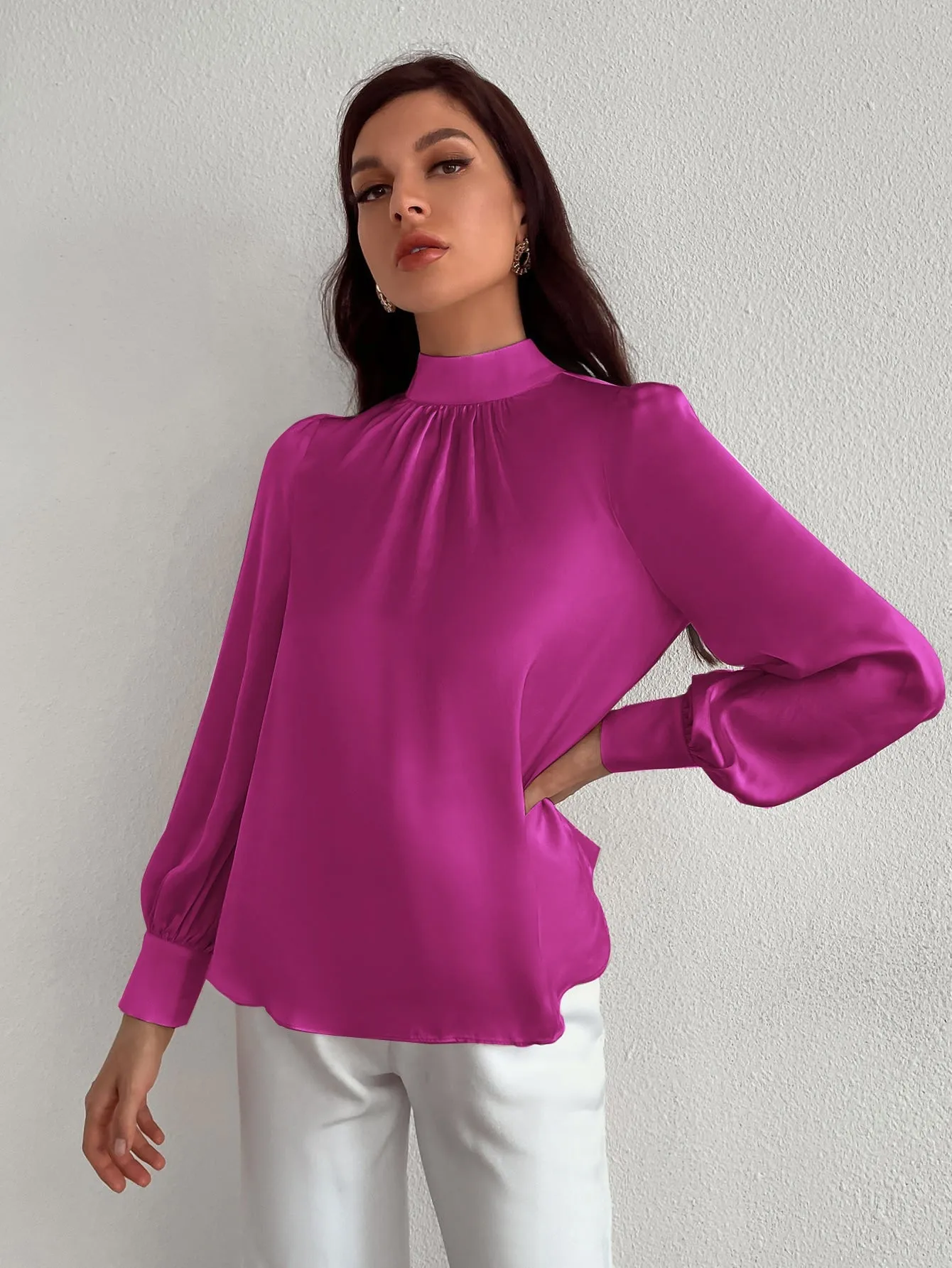 Satin Mock Neck Puff Sleeve Blouse