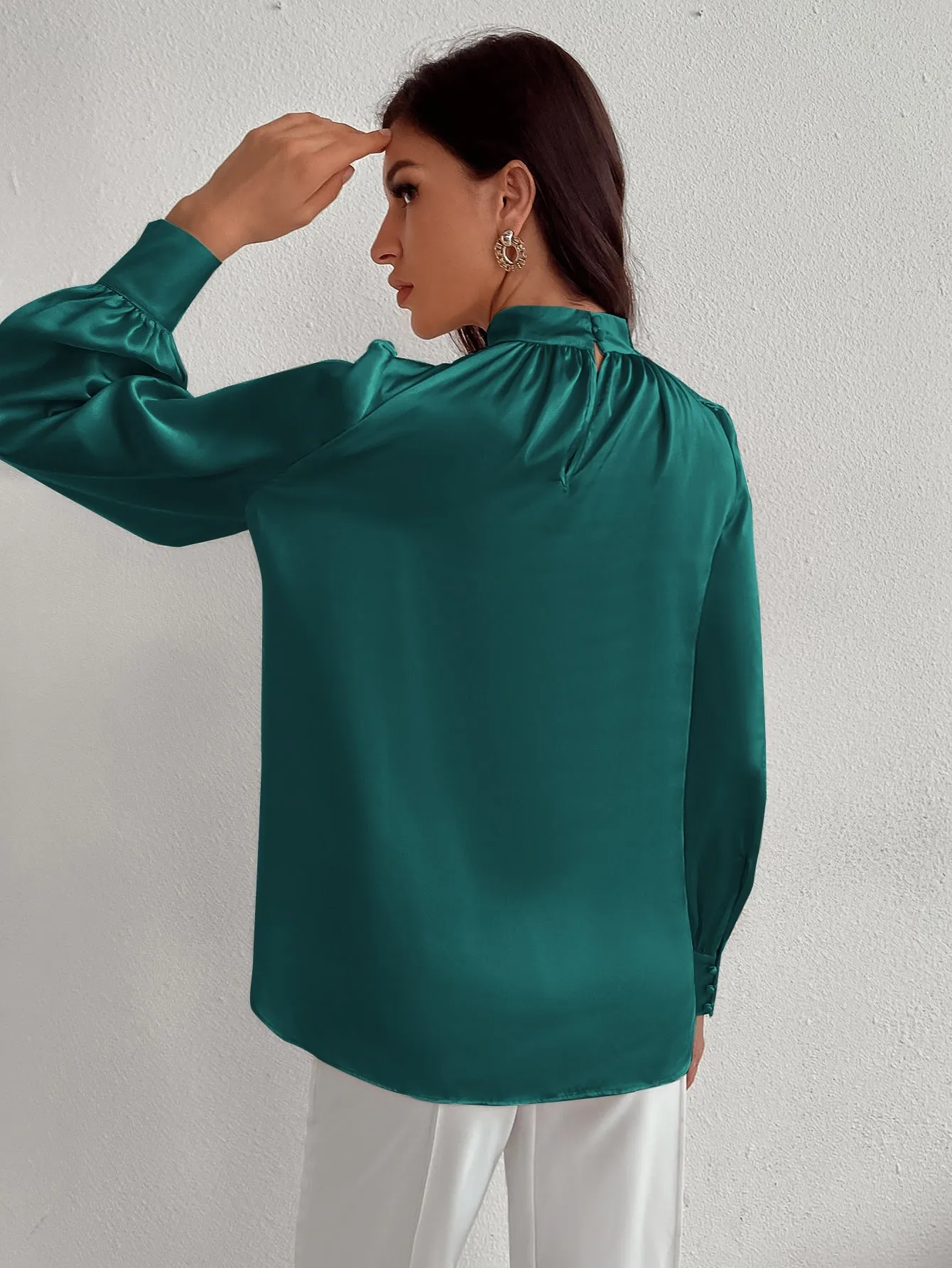 Satin Mock Neck Puff Sleeve Blouse
