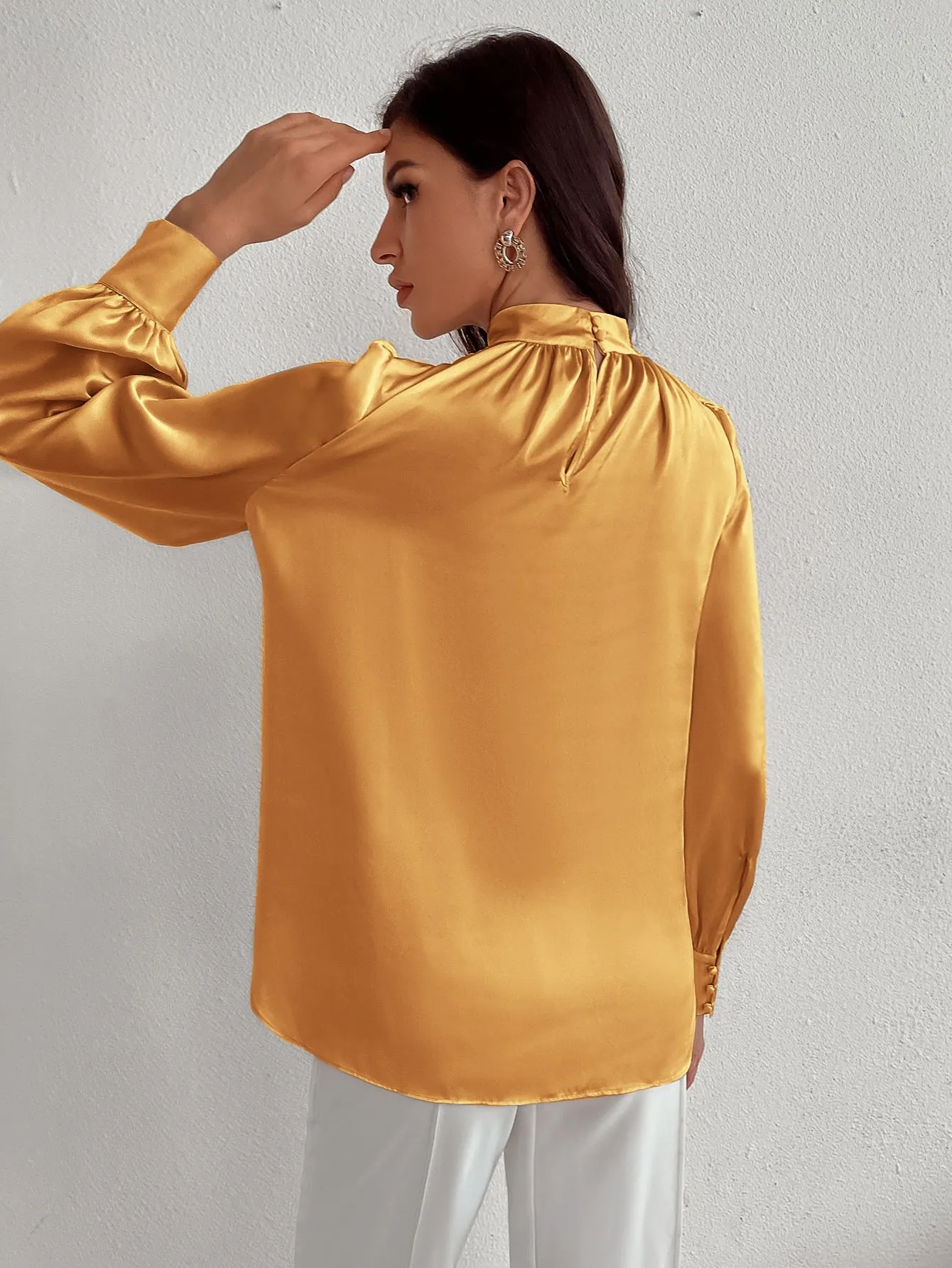 Satin Mock Neck Puff Sleeve Blouse