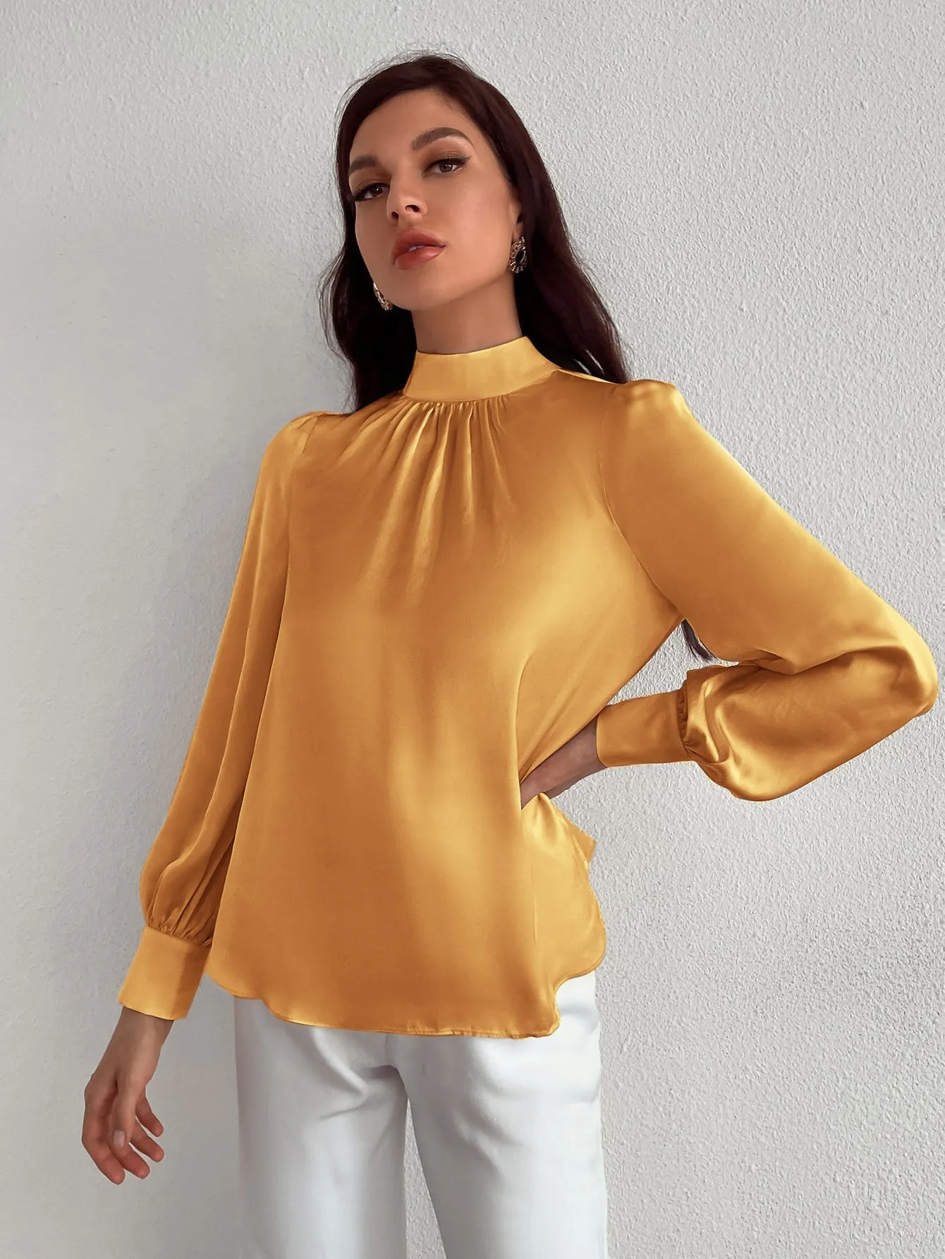 Satin Mock Neck Puff Sleeve Blouse