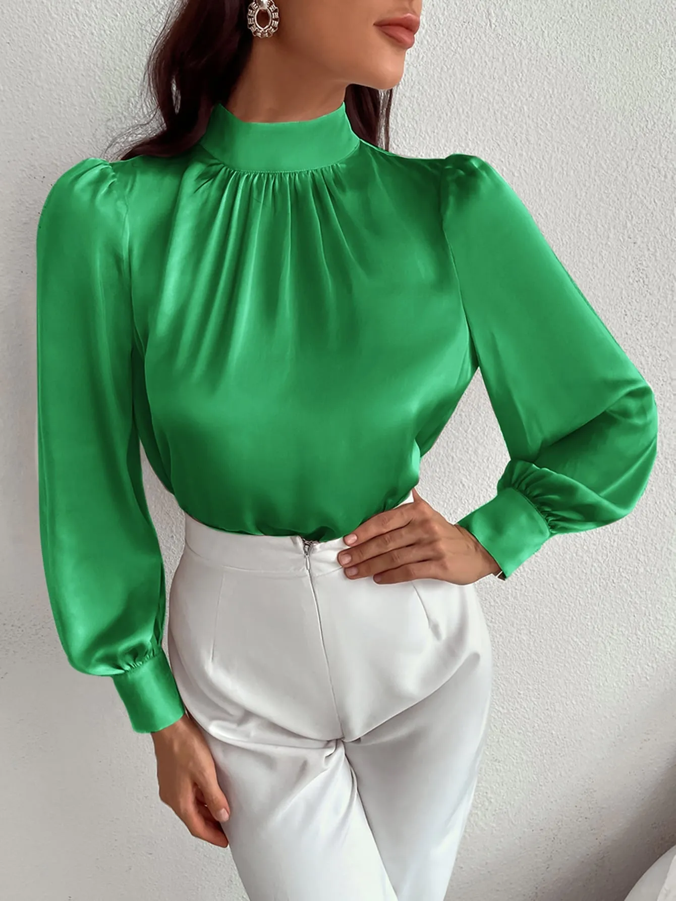 Satin Mock Neck Puff Sleeve Blouse