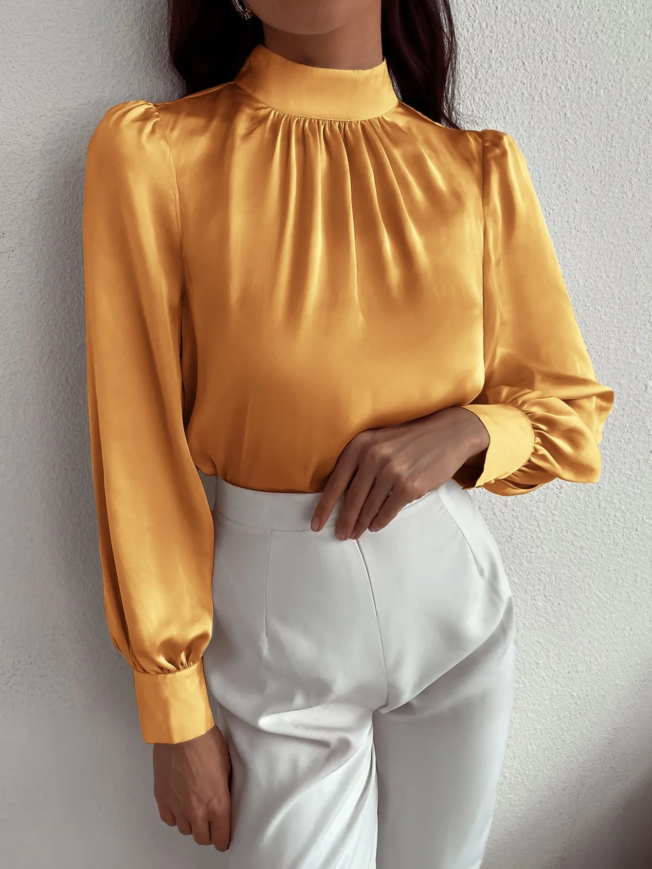 Satin Mock Neck Puff Sleeve Blouse