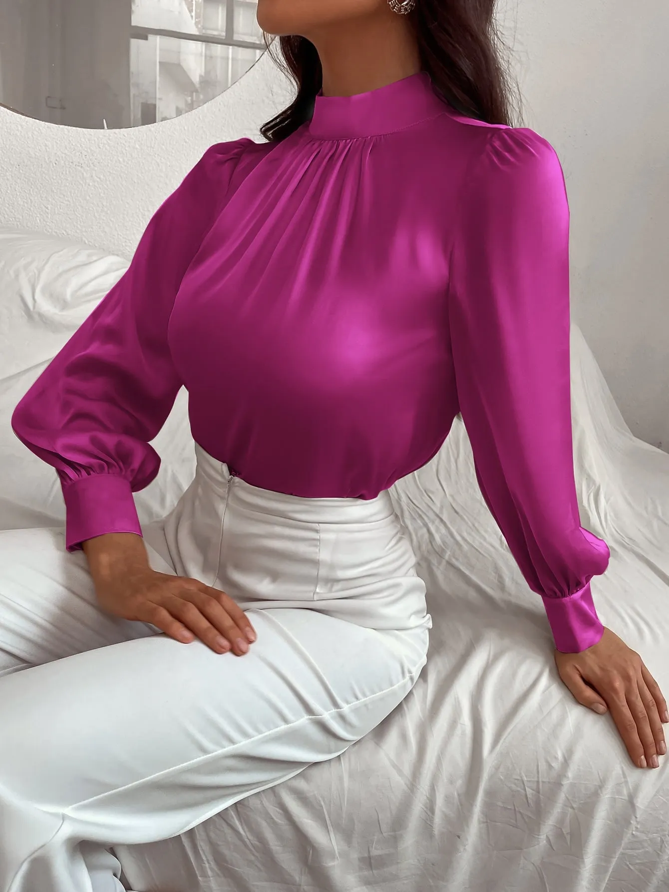 Satin Mock Neck Puff Sleeve Blouse