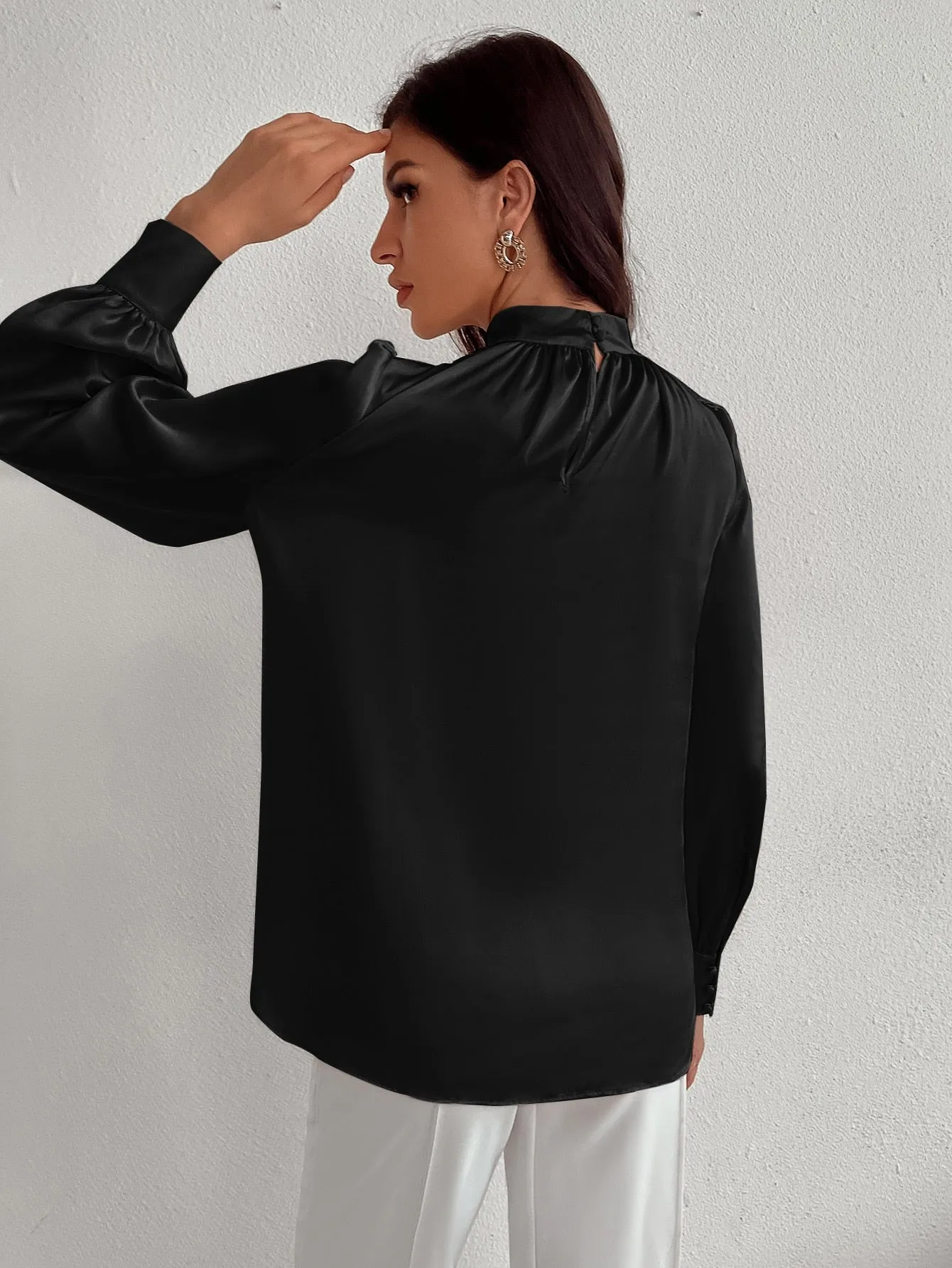 Satin Mock Neck Puff Sleeve Blouse