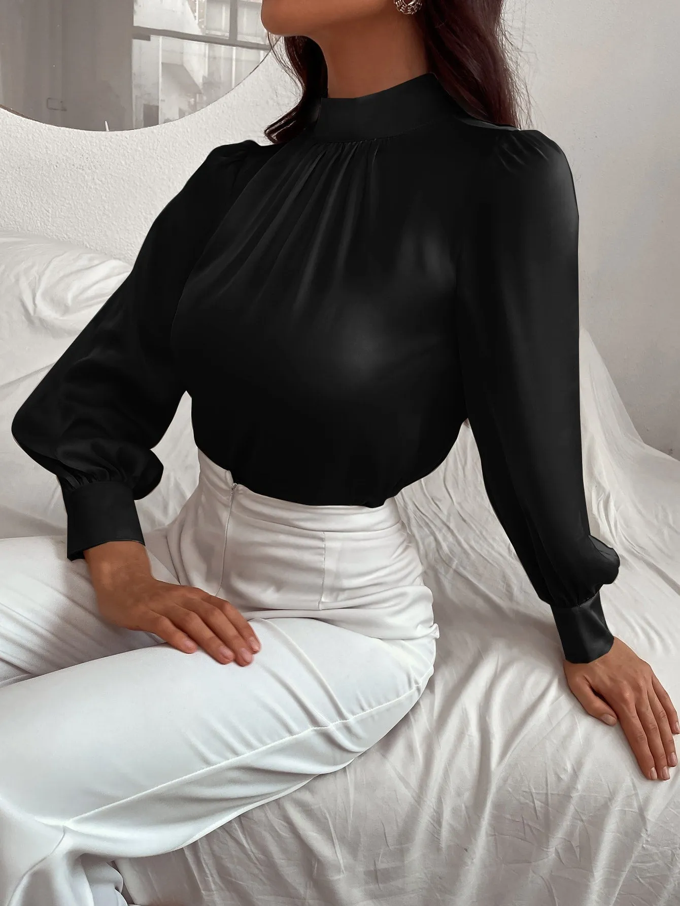 Satin Mock Neck Puff Sleeve Blouse