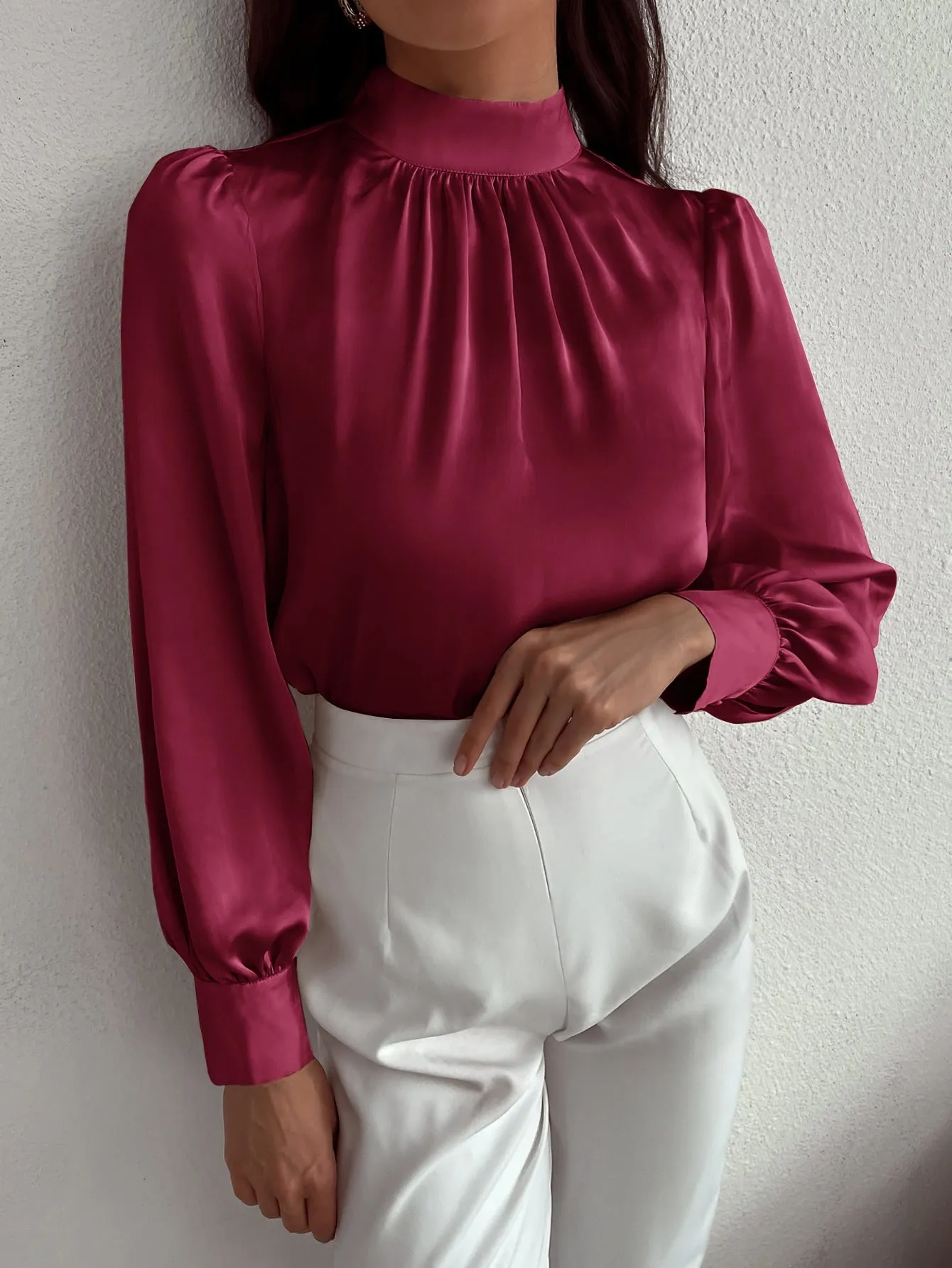 Satin Mock Neck Puff Sleeve Blouse
