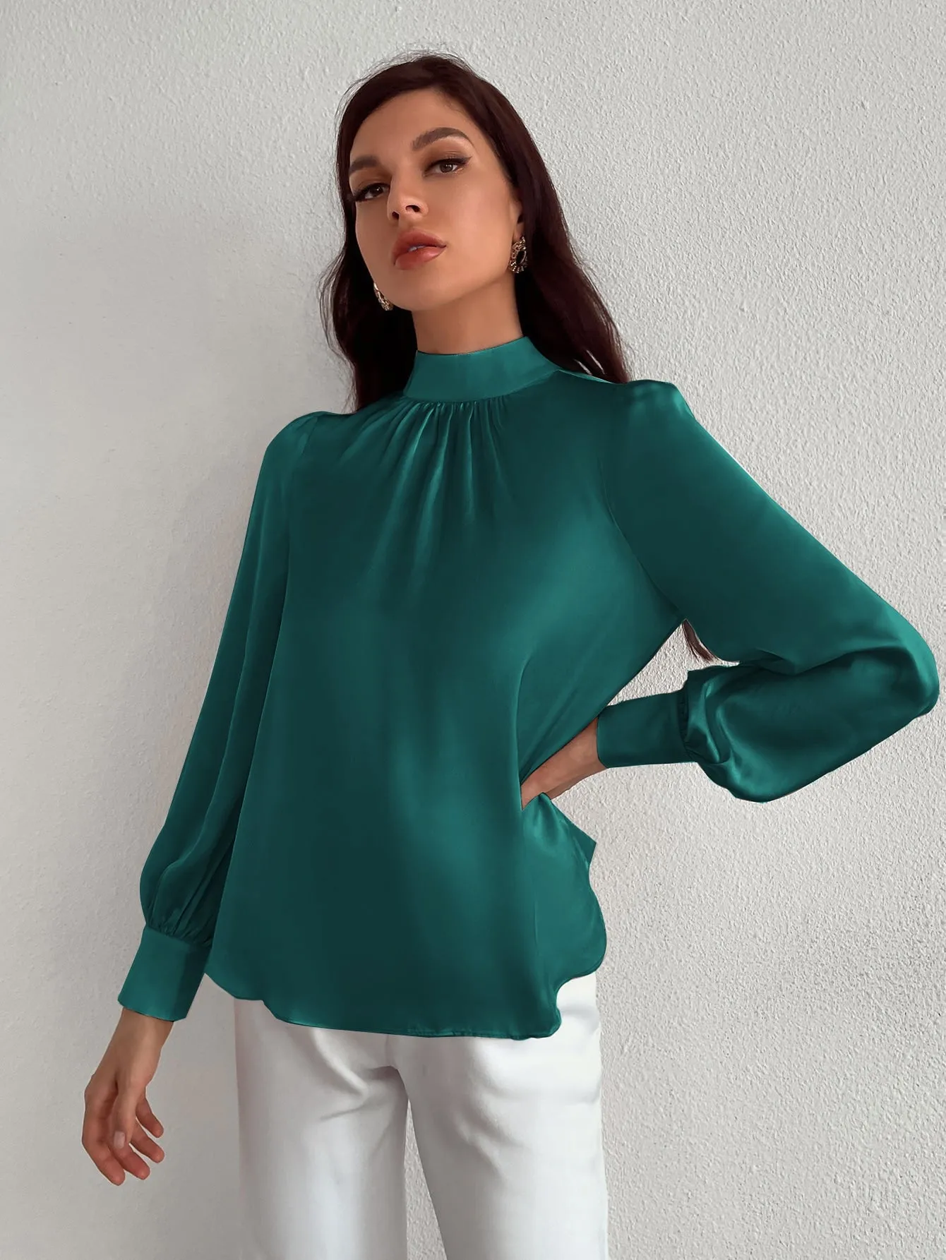 Satin Mock Neck Puff Sleeve Blouse