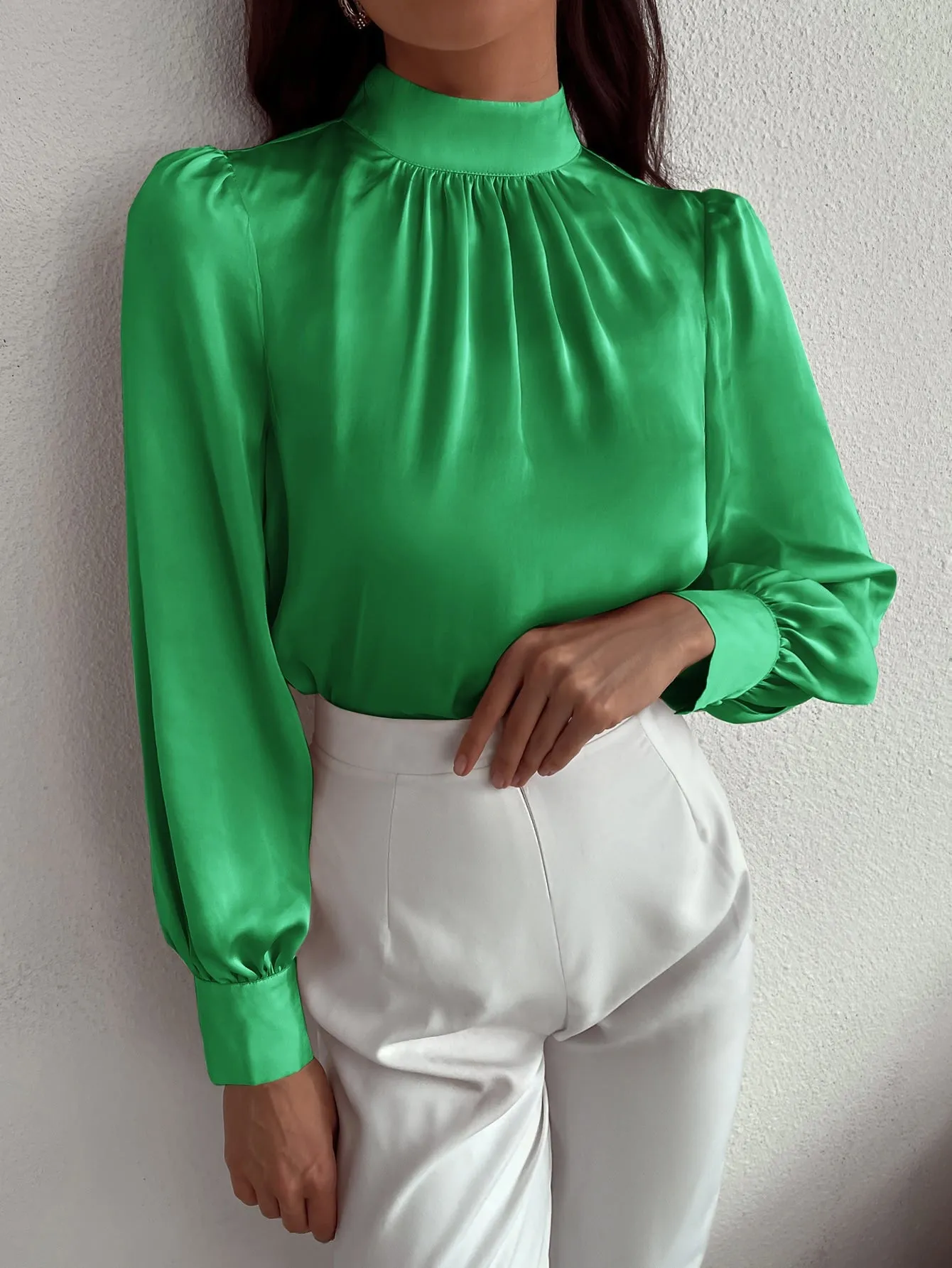 Satin Mock Neck Puff Sleeve Blouse