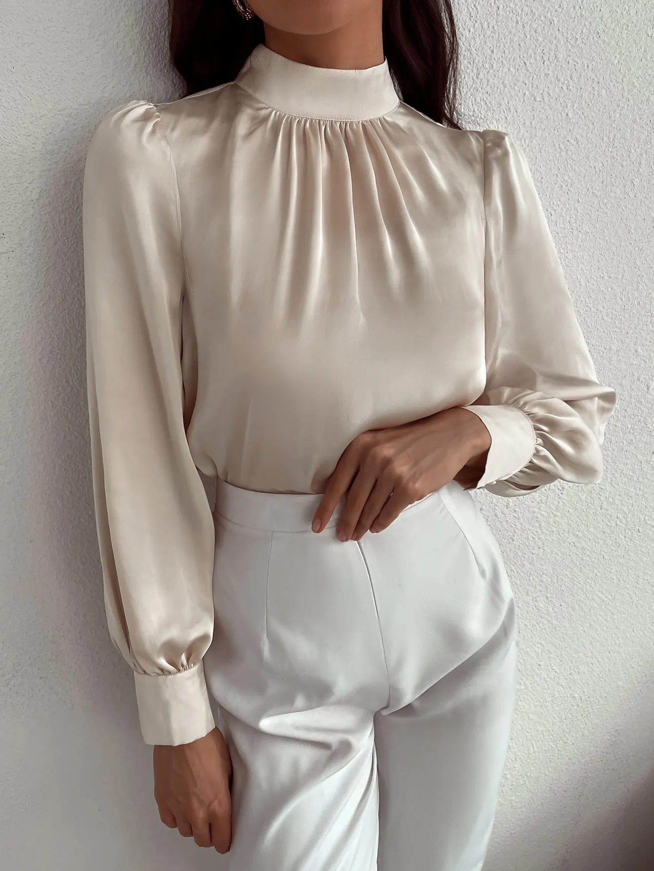 Satin Mock Neck Puff Sleeve Blouse