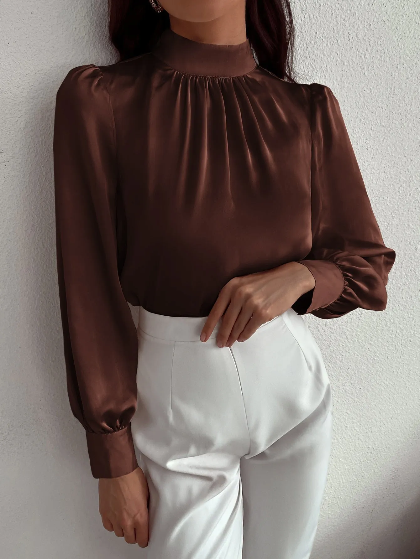 Satin Mock Neck Puff Sleeve Blouse