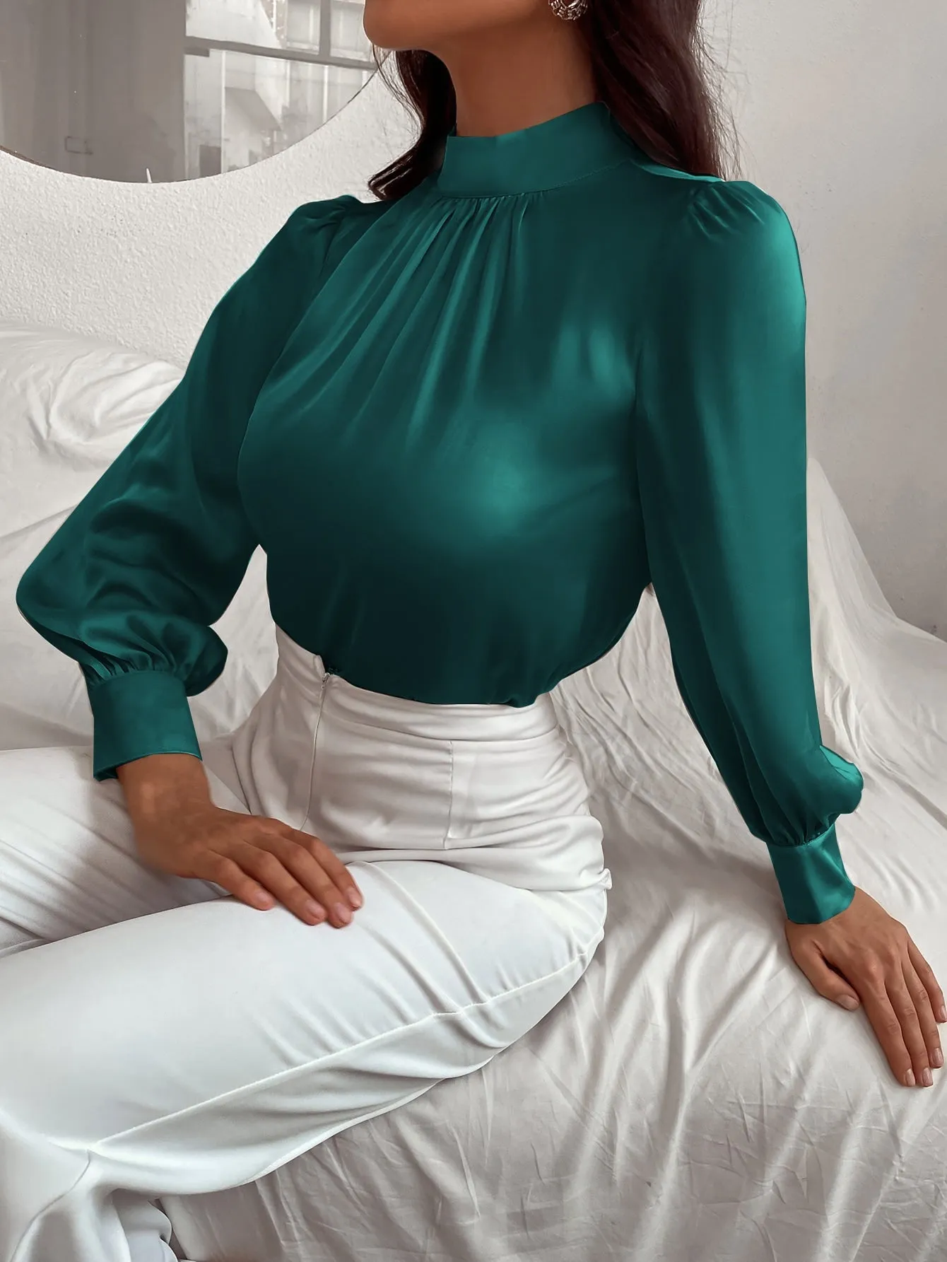 Satin Mock Neck Puff Sleeve Blouse