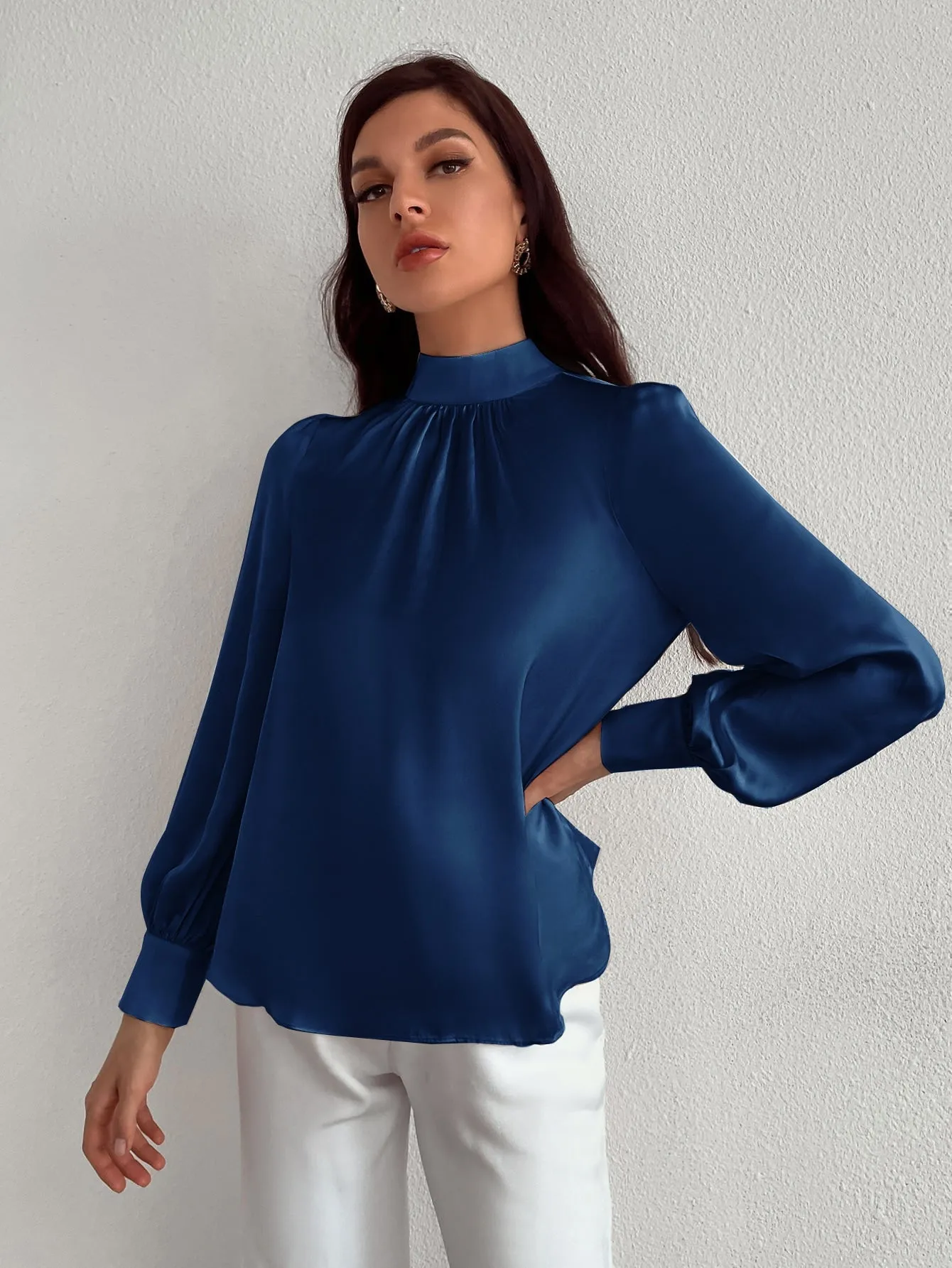 Satin Mock Neck Puff Sleeve Blouse