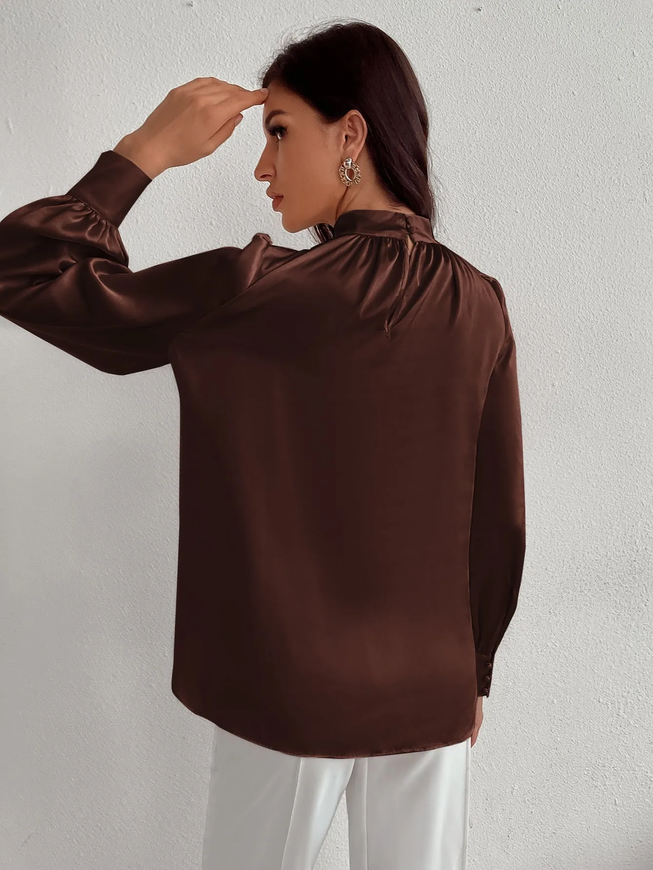 Satin Mock Neck Puff Sleeve Blouse