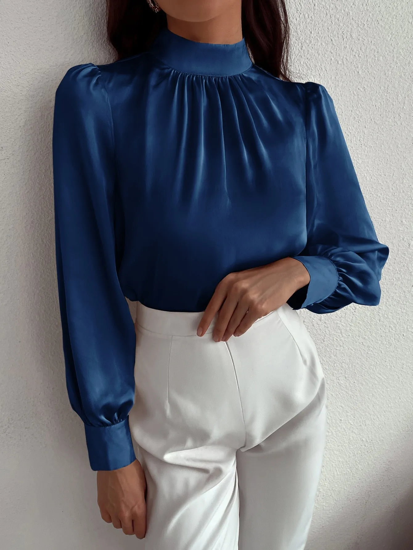 Satin Mock Neck Puff Sleeve Blouse